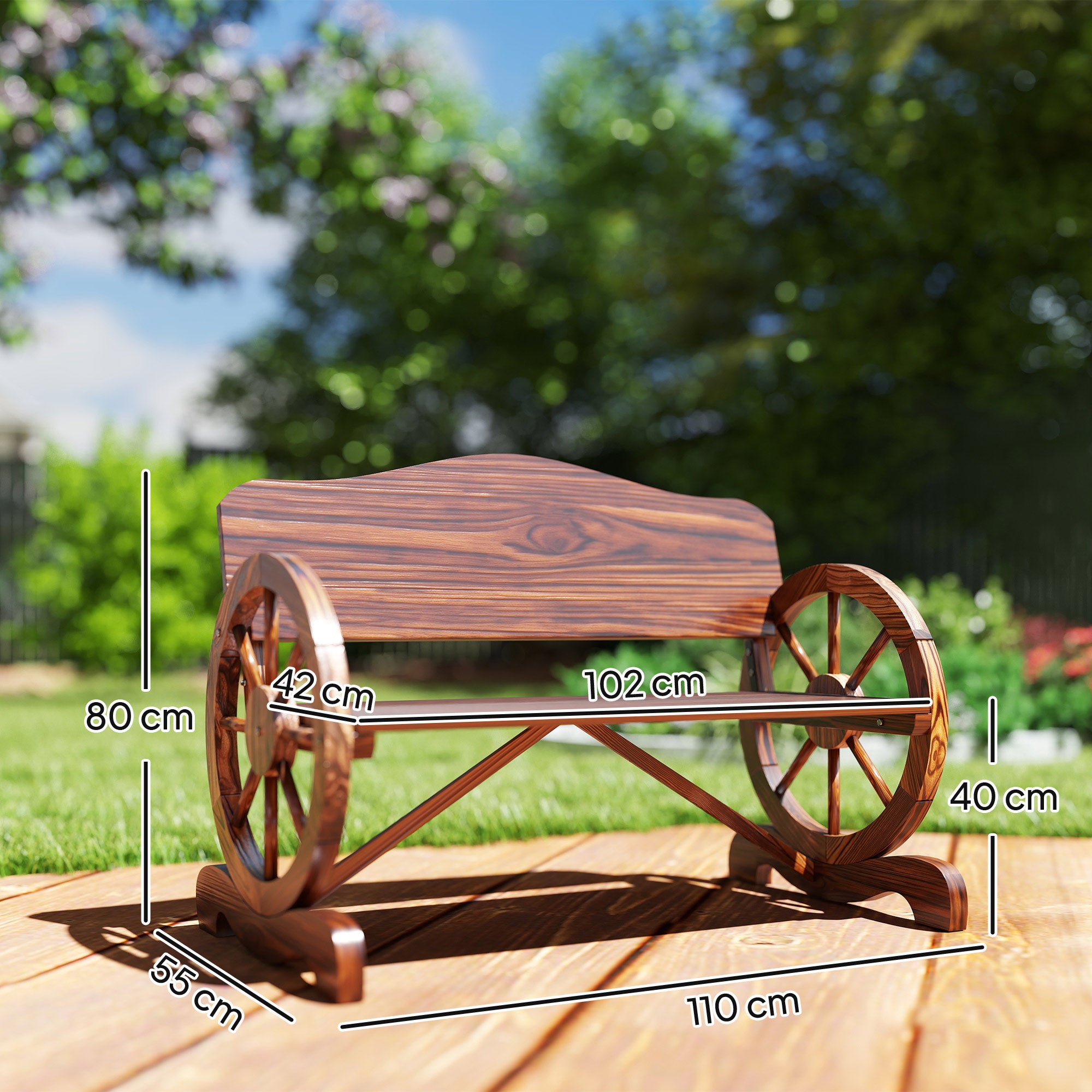 Garden Bench Wood, 2-Seater Bench with back and armrests, Wooden Bench in Wheel Design, Weather Resistant Park Bench 240kg Capacity, Balcony Bench for Balcony Terrace, Garden, 110 x 55 x 80 cm, Charcoal