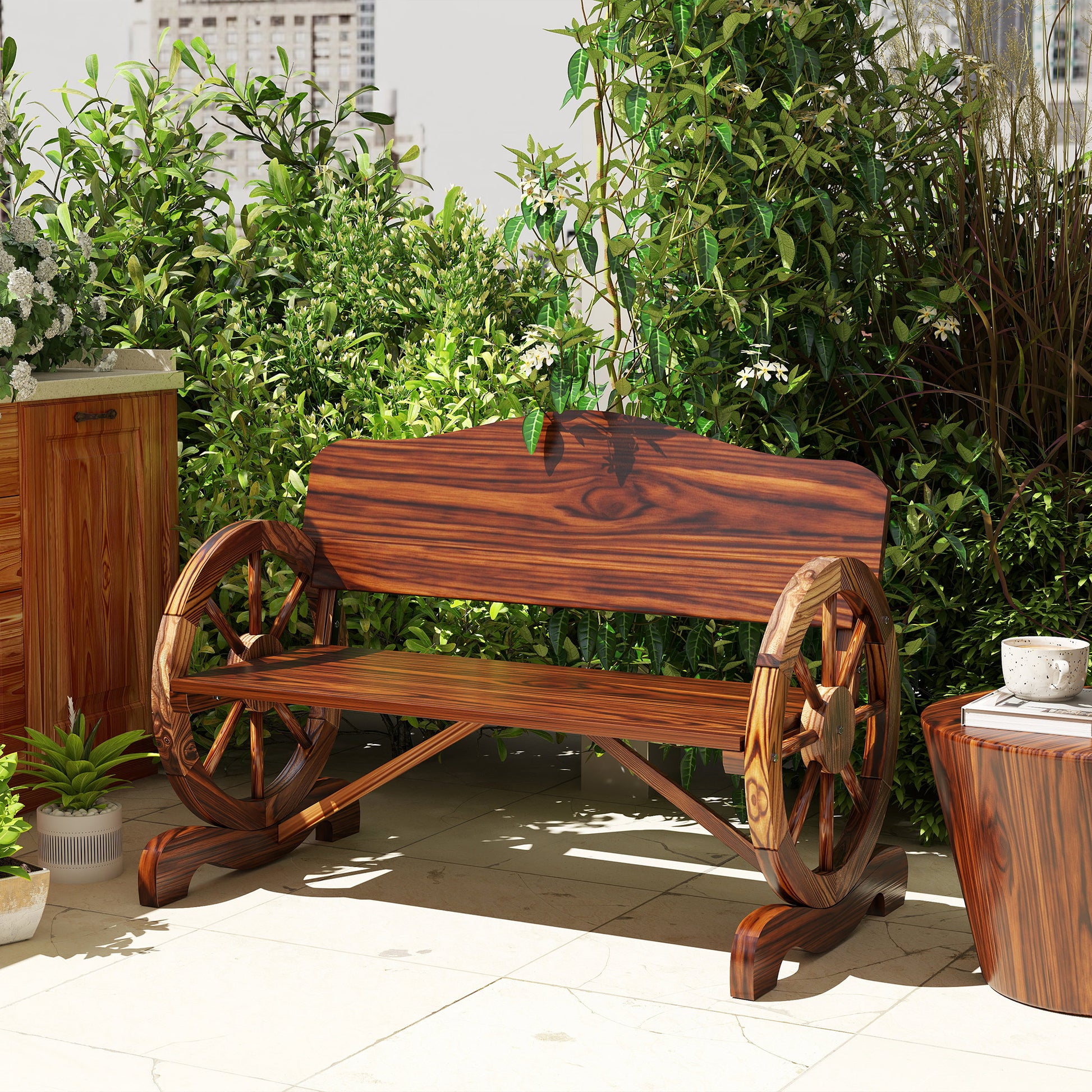 Garden Bench Wood, 2-Seater Bench with back and armrests, Wooden Bench in Wheel Design, Weather Resistant Park Bench 240kg Capacity, Balcony Bench for Balcony Terrace, Garden, 110 x 55 x 80 cm, Charcoal