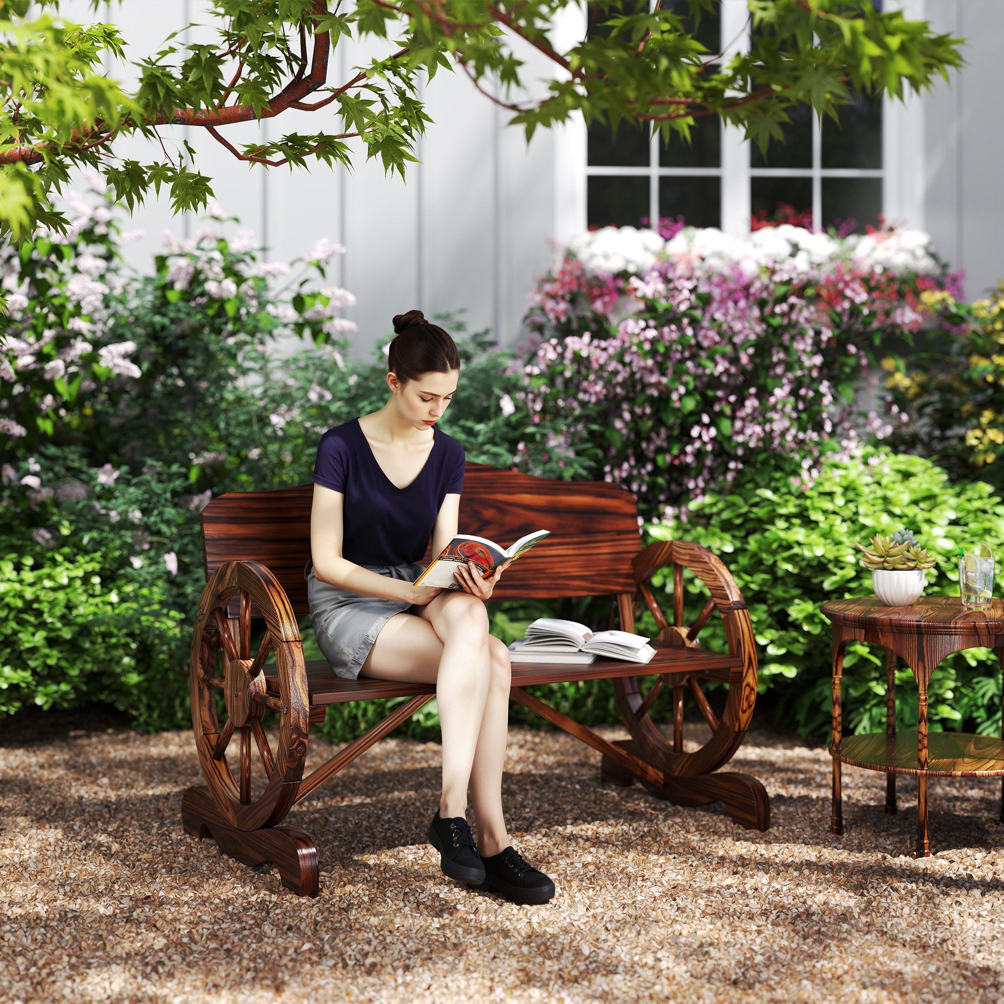 Garden Bench Wood, 2-Seater Bench with back and armrests, Wooden Bench in Wheel Design, Weather Resistant Park Bench 240kg Capacity, Balcony Bench for Balcony Terrace, Garden, 110 x 55 x 80 cm, Charcoal