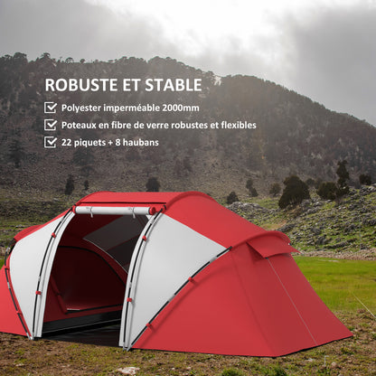 Family Camping Tent 4-6 People Waterproof Dome Tent Lightweight, Ventilated 2 Cabins Window Large Door Easy to Set Up 4.3L x 2.4W x 1.7H m Gray Red
