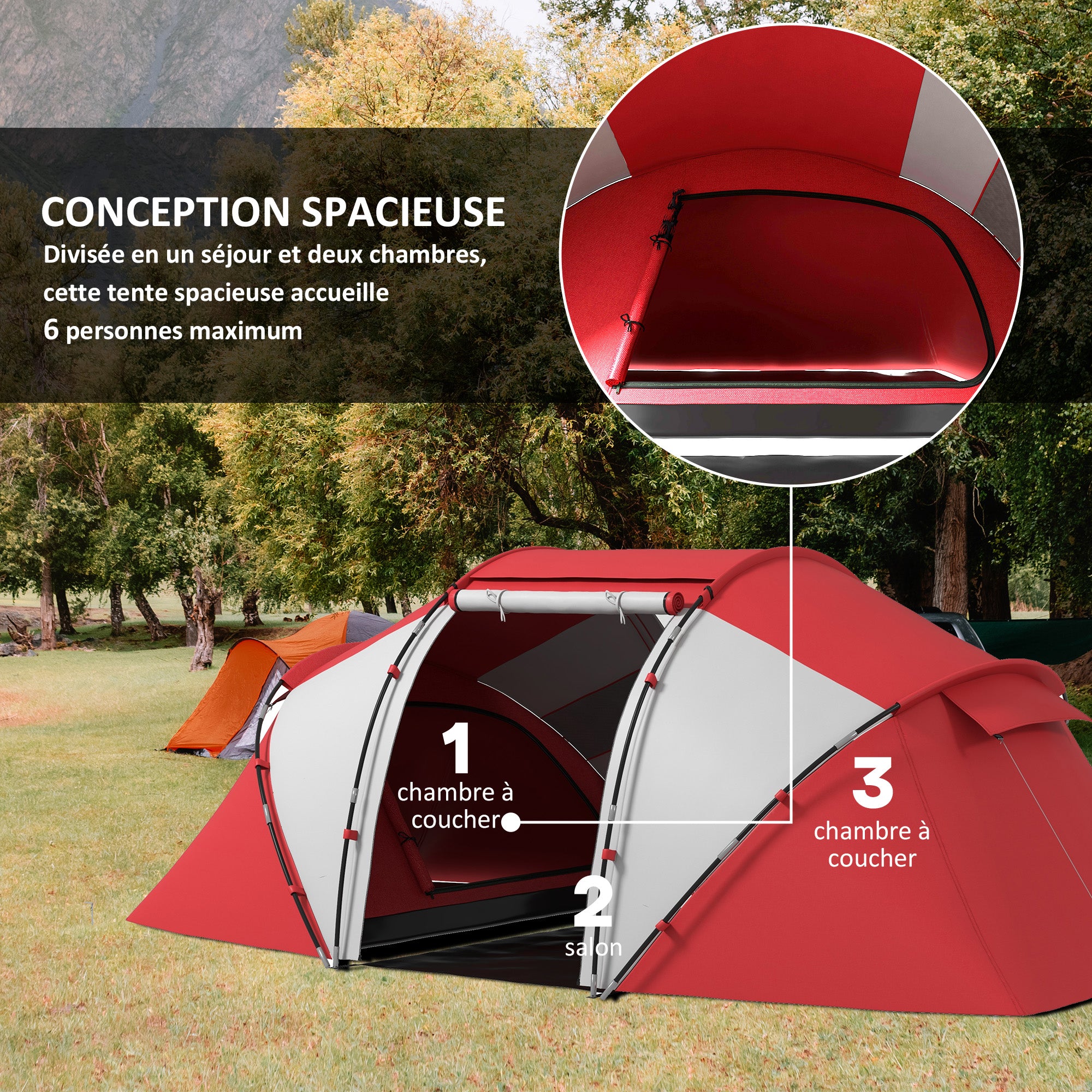 Family Camping Tent 4-6 People Waterproof Dome Tent Lightweight, Ventilated 2 Cabins Window Large Door Easy to Set Up 4.3L x 2.4W x 1.7H m Gray Red