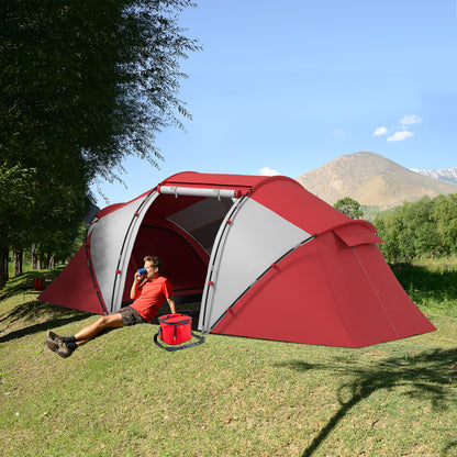 Family Camping Tent 4-6 People Waterproof Dome Tent Lightweight, Ventilated 2 Cabins Window Large Door Easy to Set Up 4.3L x 2.4W x 1.7H m Gray Red