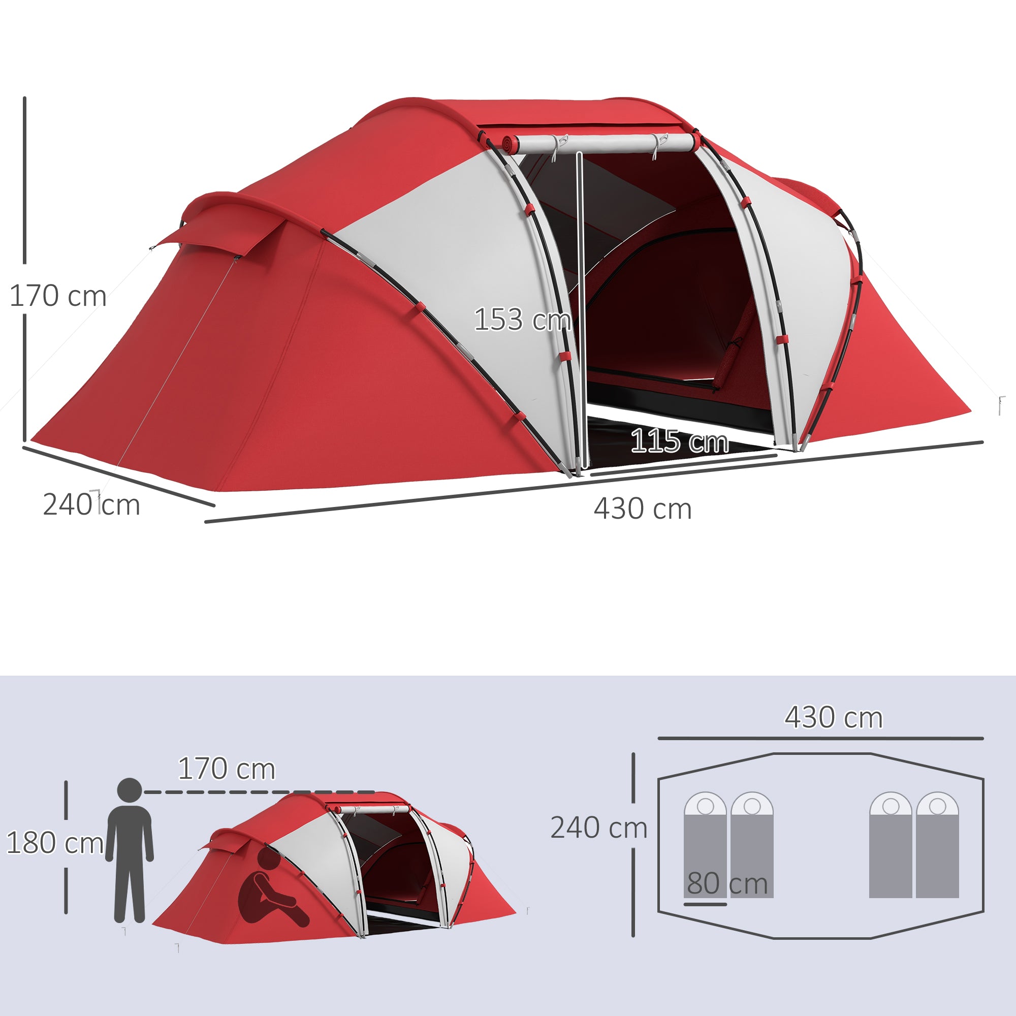 Family Camping Tent 4-6 People Waterproof Dome Tent Lightweight, Ventilated 2 Cabins Window Large Door Easy to Set Up 4.3L x 2.4W x 1.7H m Gray Red