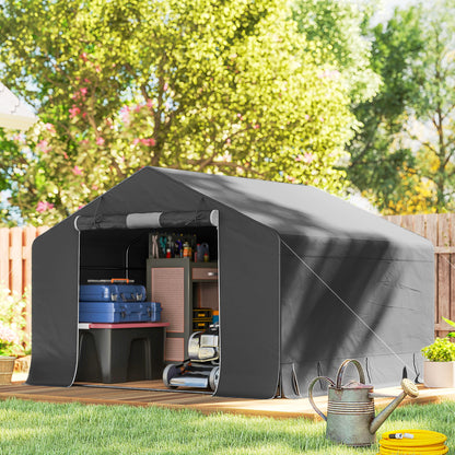 Waterproof Garage Tent 3 x 3 x 2.1 m (9.8 x 9.8 x 6.9 ft) — Roll-Up Zipper Door, Side Vent Window, Weatherproof Storage Shed for Bikes & Garden Tools, Dark Gray