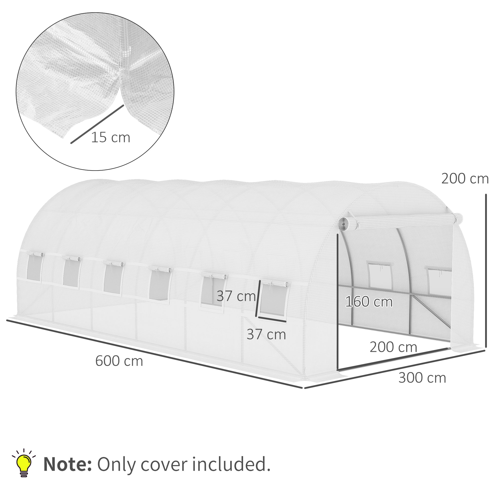 Replacement Film Replacement Cover 600 x 300 x 200 cm with front door, 12 windows tear-resistant greenhouse film, garden film for greenhouse, hothouse, cold frame, White