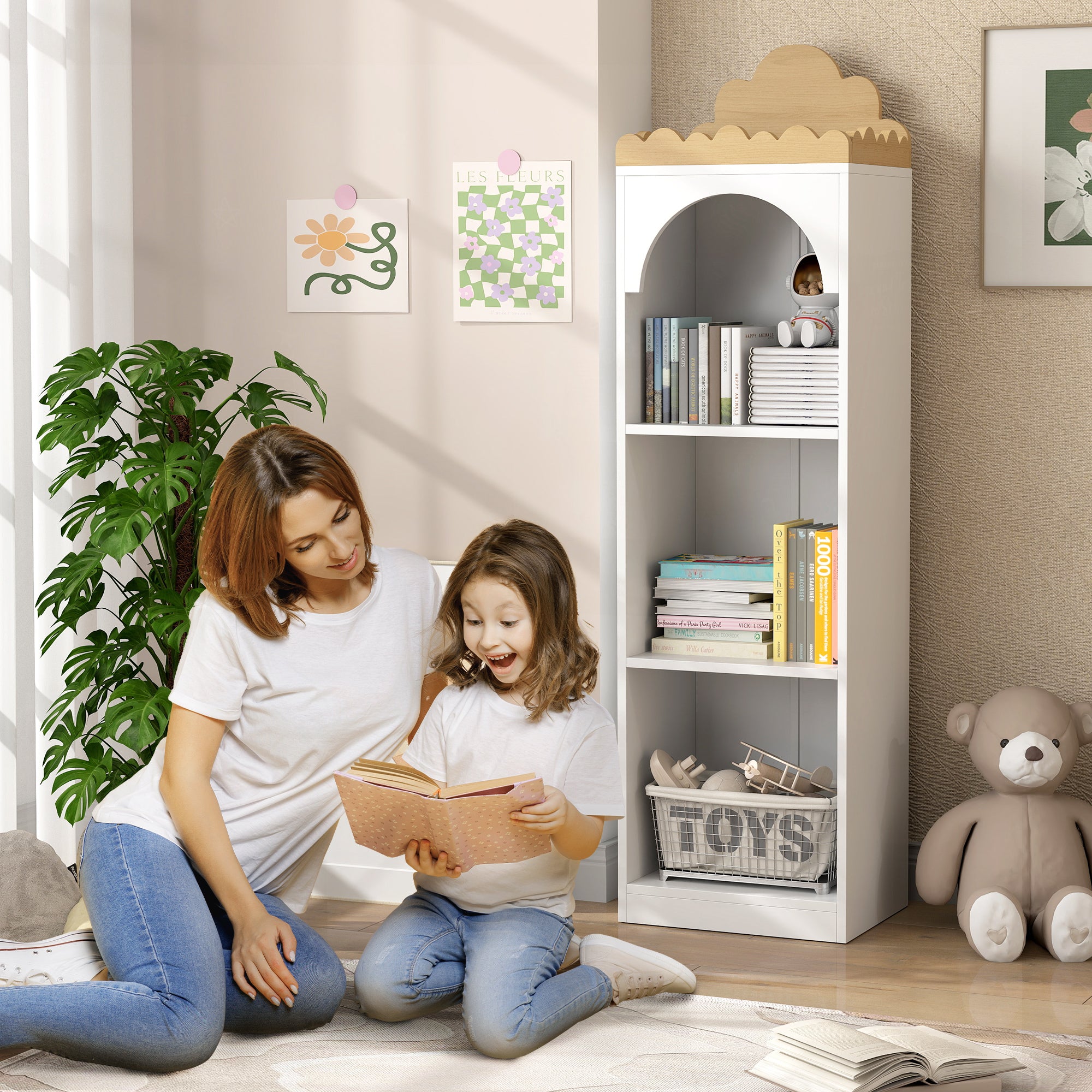 Children's Bookshelf, Toy Shelf, 3 Levels, Cute Cloud Design, Children's Storage Furniture, Children's Book Storage, 40 x 30 x 139.5 cm, for Bedroom, Reading Nook, White