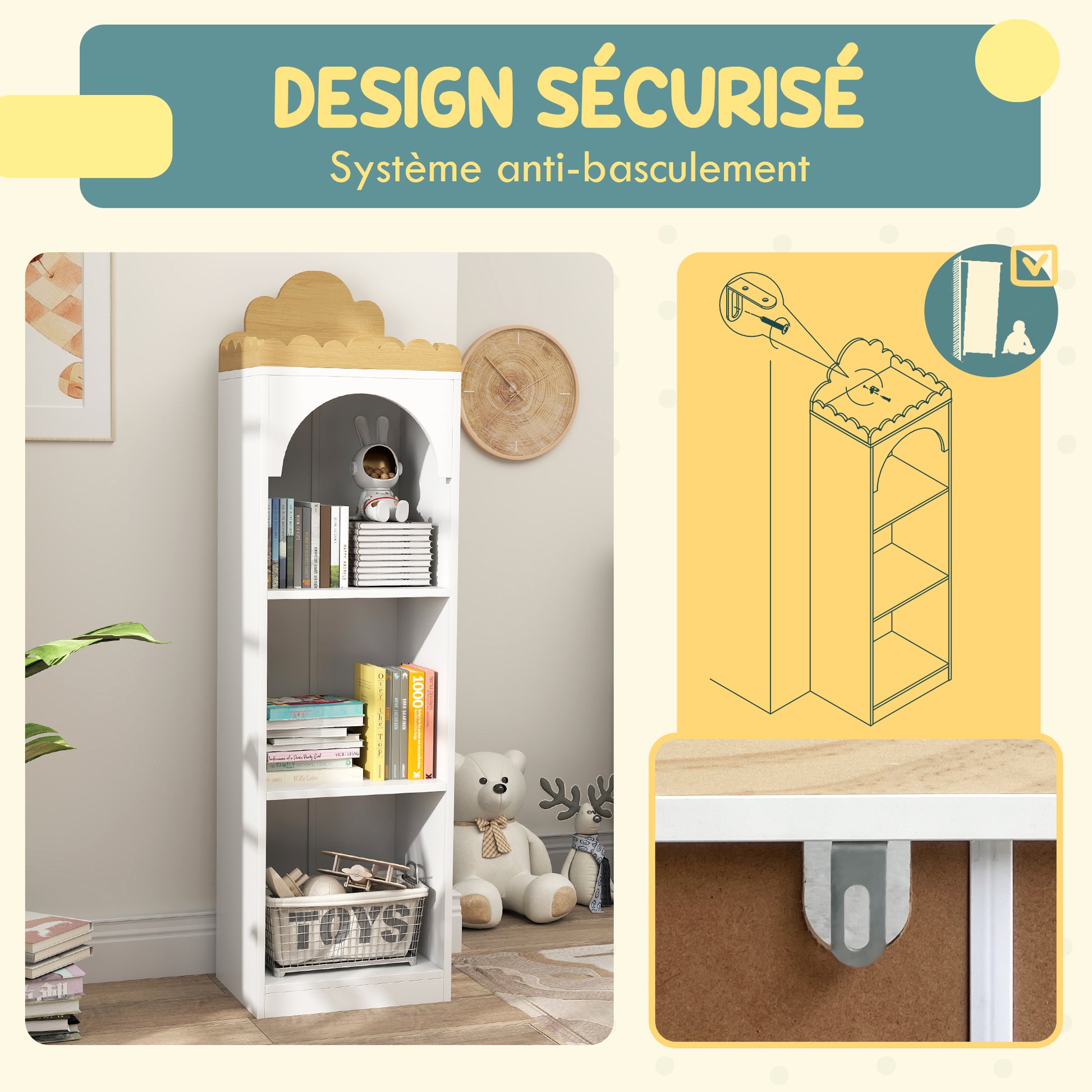 Children's Bookshelf, Toy Shelf, 3 Levels, Cute Cloud Design, Children's Storage Furniture, Children's Book Storage, 40 x 30 x 139.5 cm, for Bedroom, Reading Nook, White
