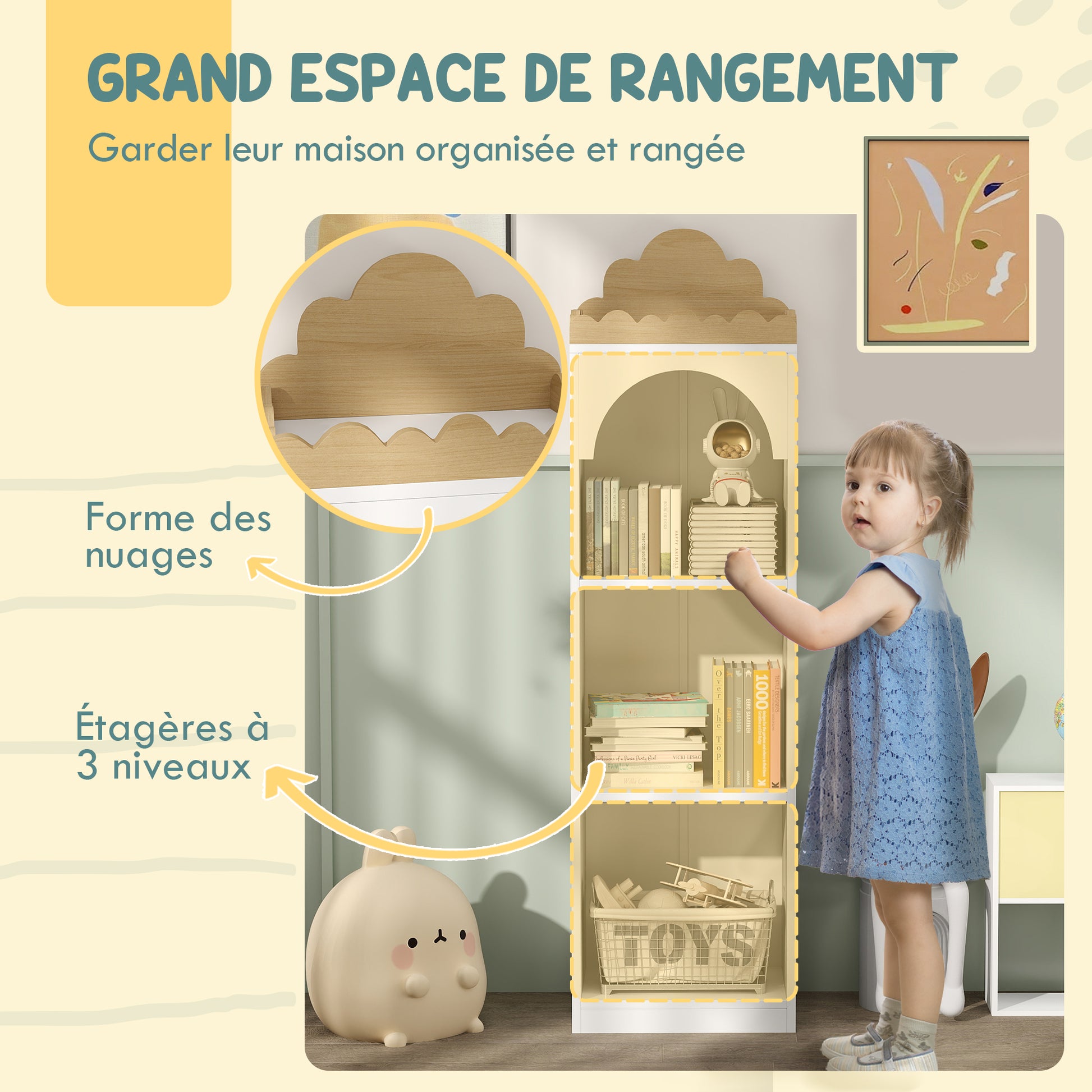 Children's Bookshelf, Toy Shelf, 3 Levels, Cute Cloud Design, Children's Storage Furniture, Children's Book Storage, 40 x 30 x 139.5 cm, for Bedroom, Reading Nook, White