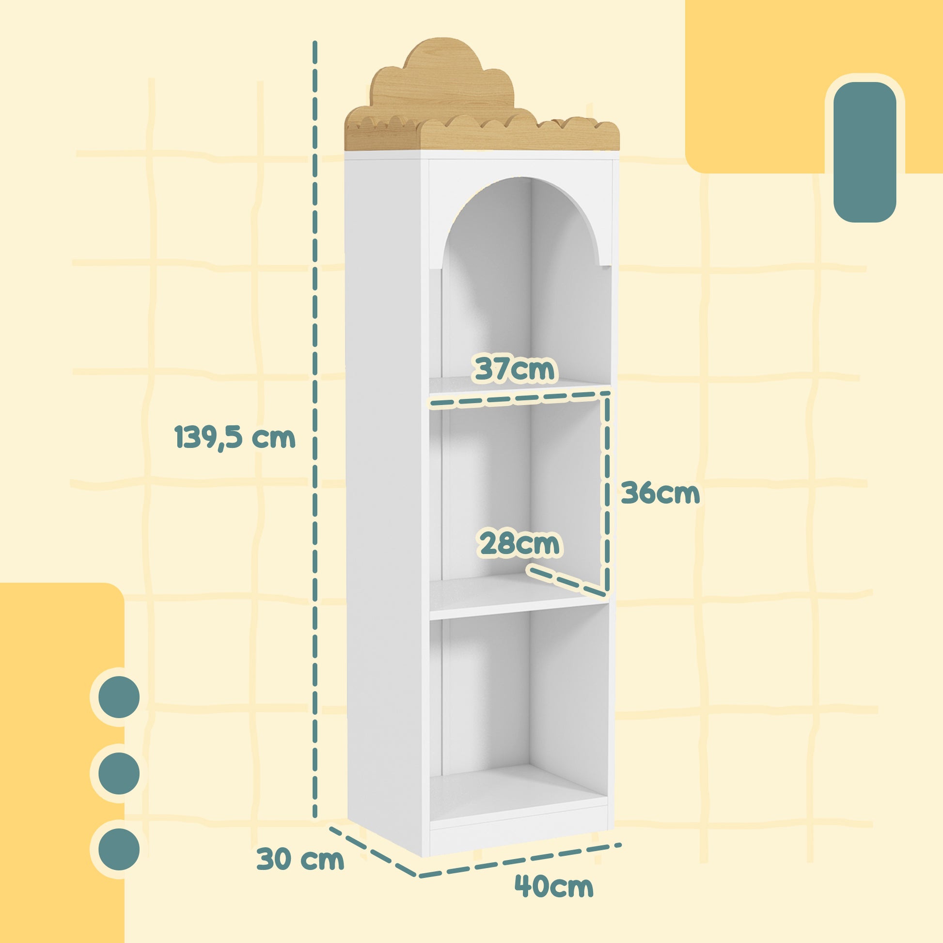 Children's Bookshelf, Toy Shelf, 3 Levels, Cute Cloud Design, Children's Storage Furniture, Children's Book Storage, 40 x 30 x 139.5 cm, for Bedroom, Reading Nook, White