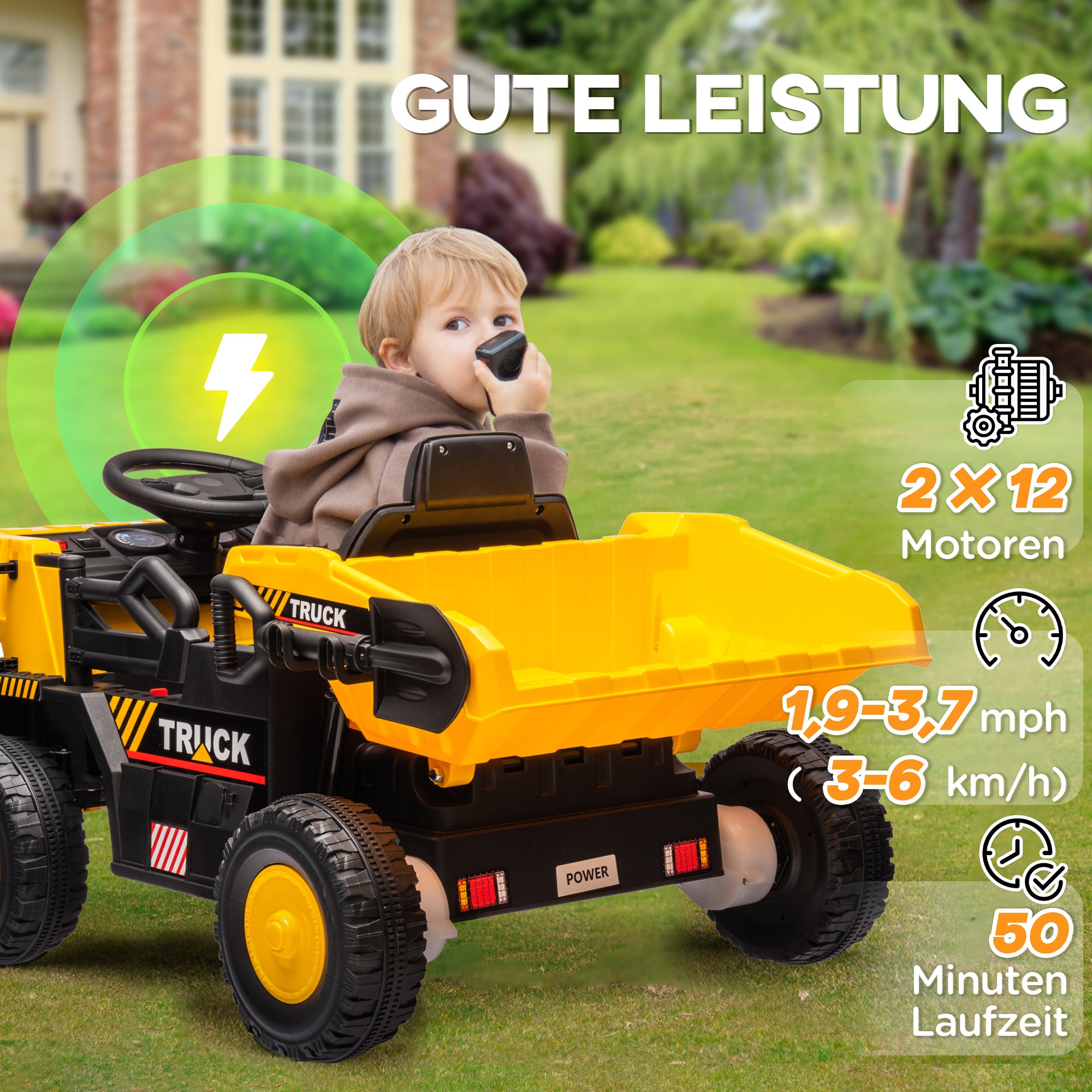Electric Tractor with Shovel, 12V Kids Ride-On Tractor, Children's Electric Car with MP3 Function, Kids Vehicle with Headlights, 3-6 km/h, for 3-5 Years, Yellow