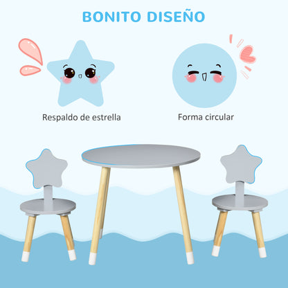 Kids' Wooden Table and 2 Chairs Set with Round Table Ø59x50 cm and Chairs Ø28x51 cm Children Furniture for Playroom Bedroom Gray
