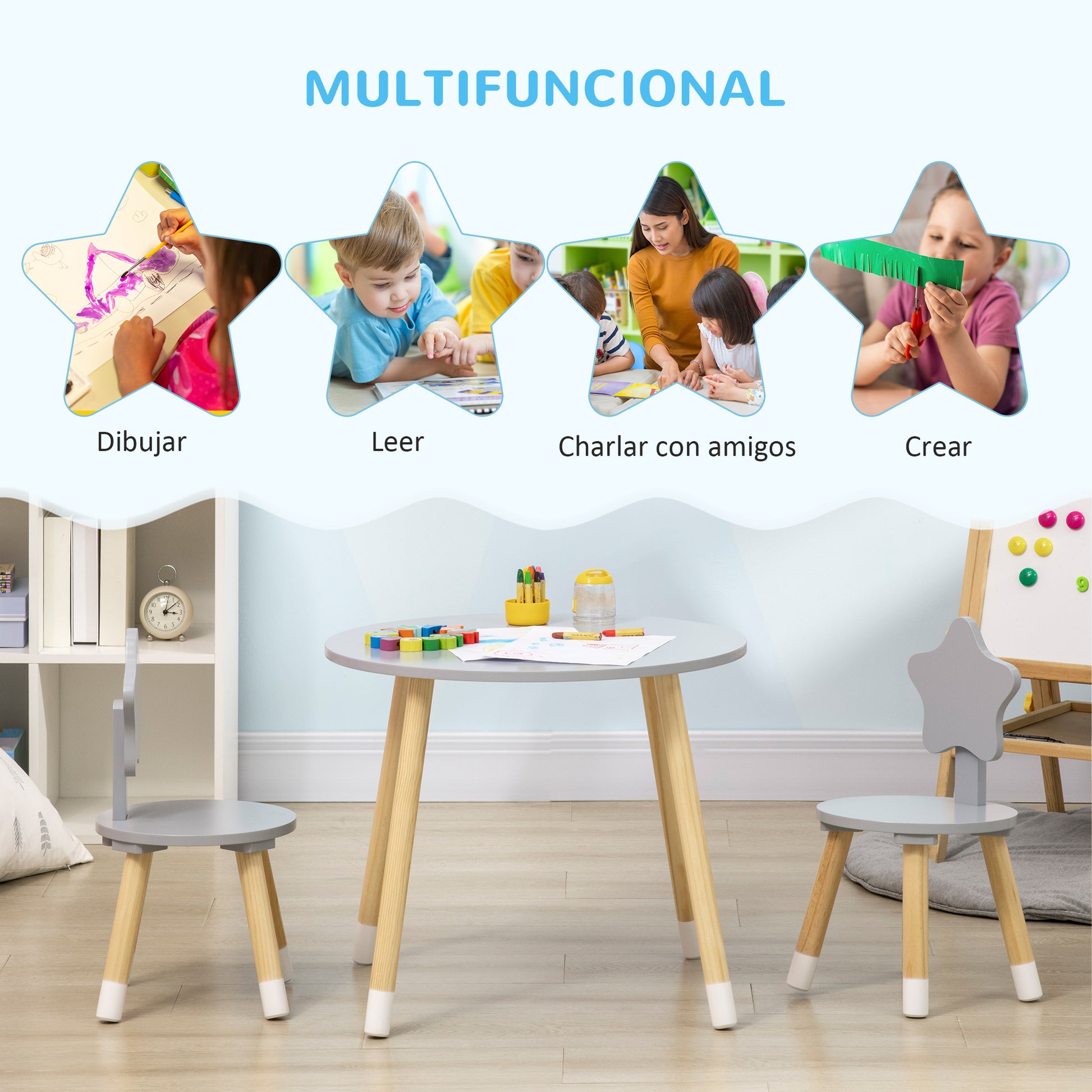 Kids' Wooden Table and 2 Chairs Set with Round Table Ø59x50 cm and Chairs Ø28x51 cm Children Furniture for Playroom Bedroom Gray