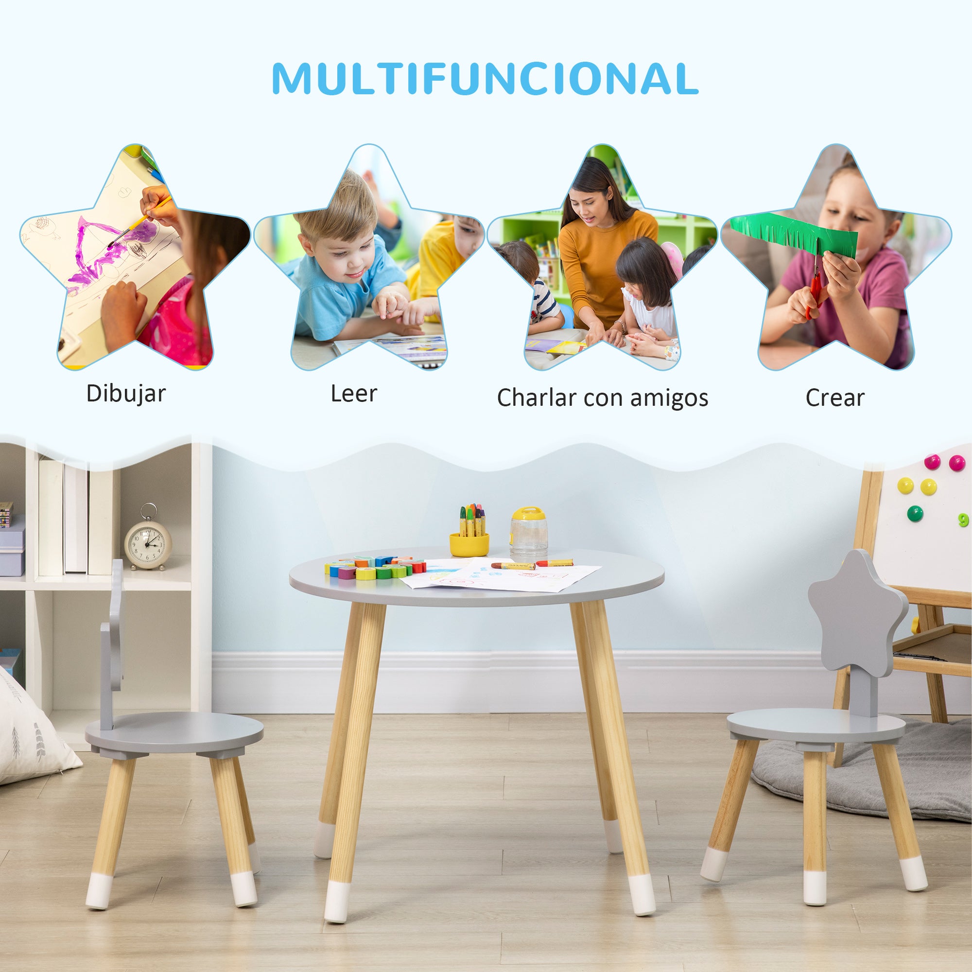 Kids' Wooden Table and 2 Chairs Set with Round Table Ø59x50 cm and Chairs Ø28x51 cm Children Furniture for Playroom Bedroom Gray