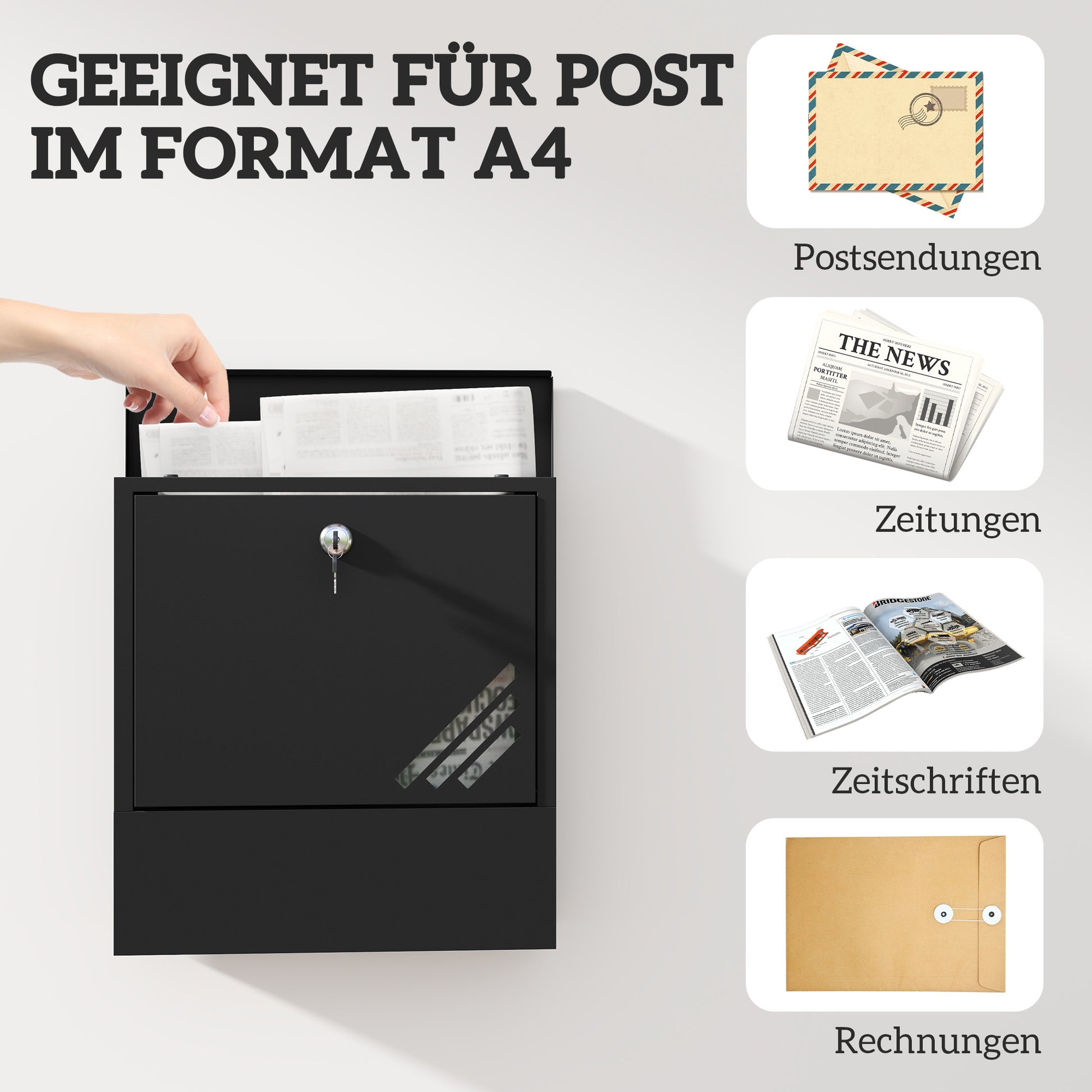 Mailbox Wall Mount Mailbox with Lock, Lid, Copper Core, Metal Mailbox, for Outdoor, Dark Gray, 30 x 8.5 x 32.5 cm