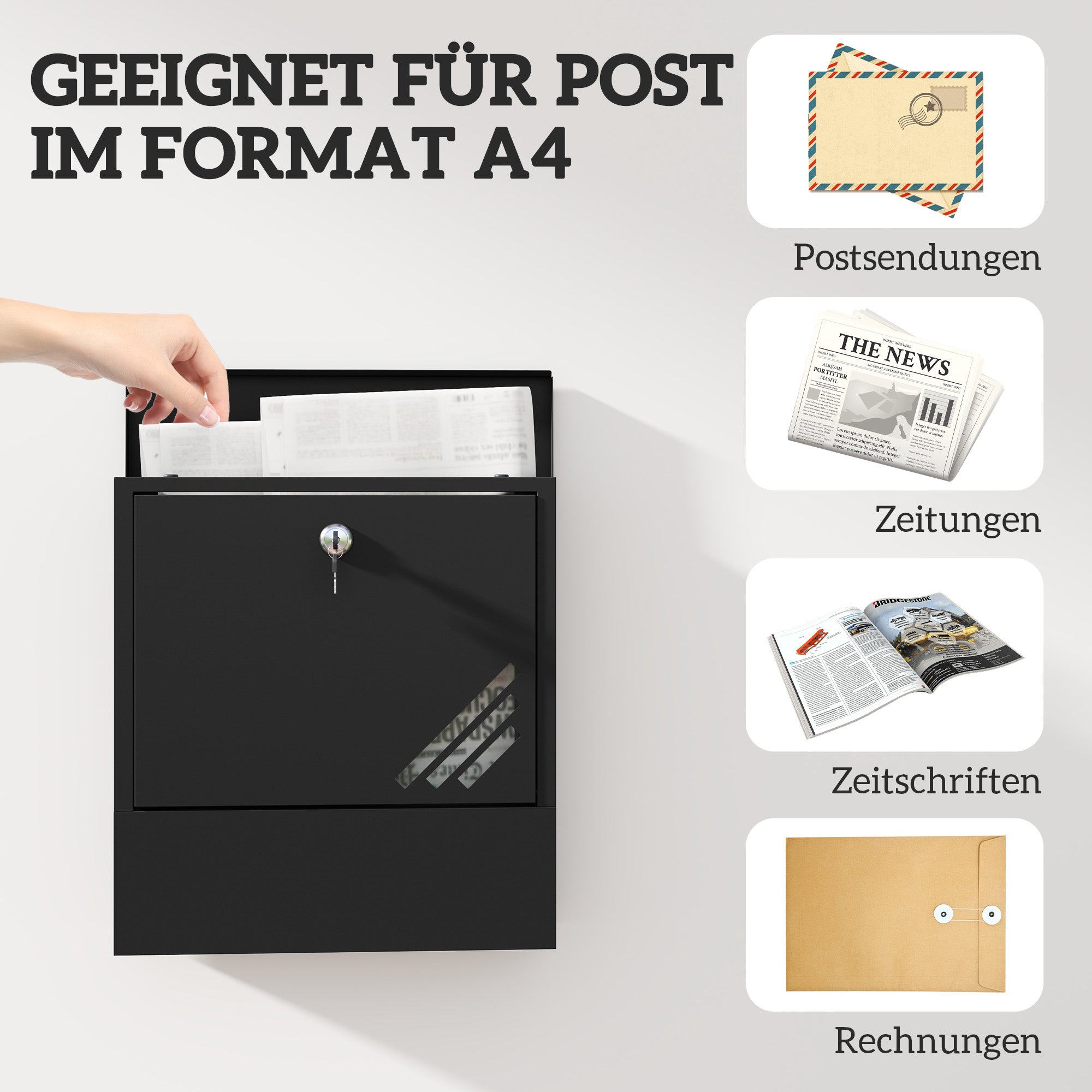 Mailbox Wall Mount Mailbox with Lock, Lid, Copper Core, Metal Mailbox, for Outdoor, Dark Gray, 30 x 8.5 x 32.5 cm