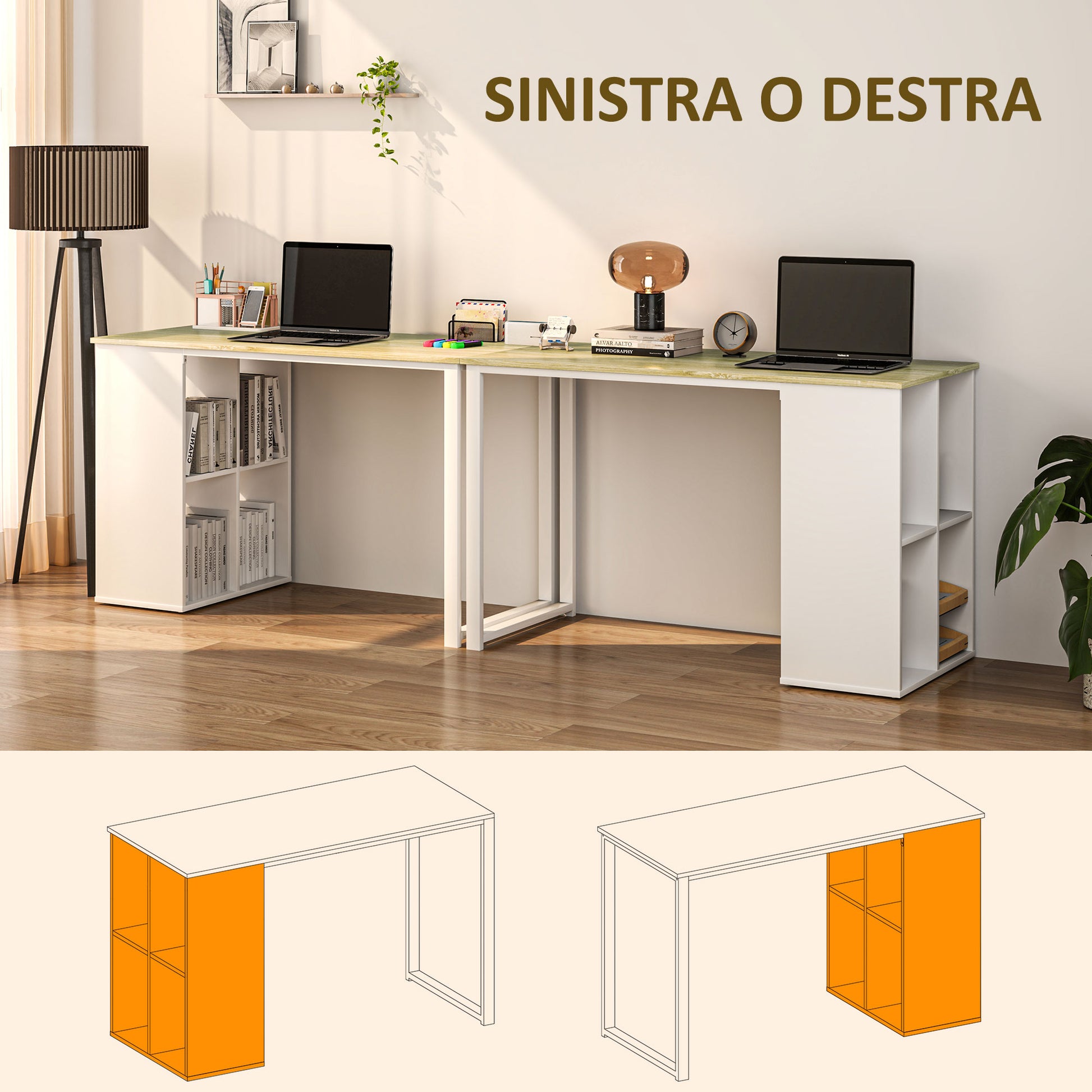 Computer Desk with 4 Open Shelves, 120x54 cm Space-Saving Office Desk, Modern PC Table for Study in Wood, White and Oak