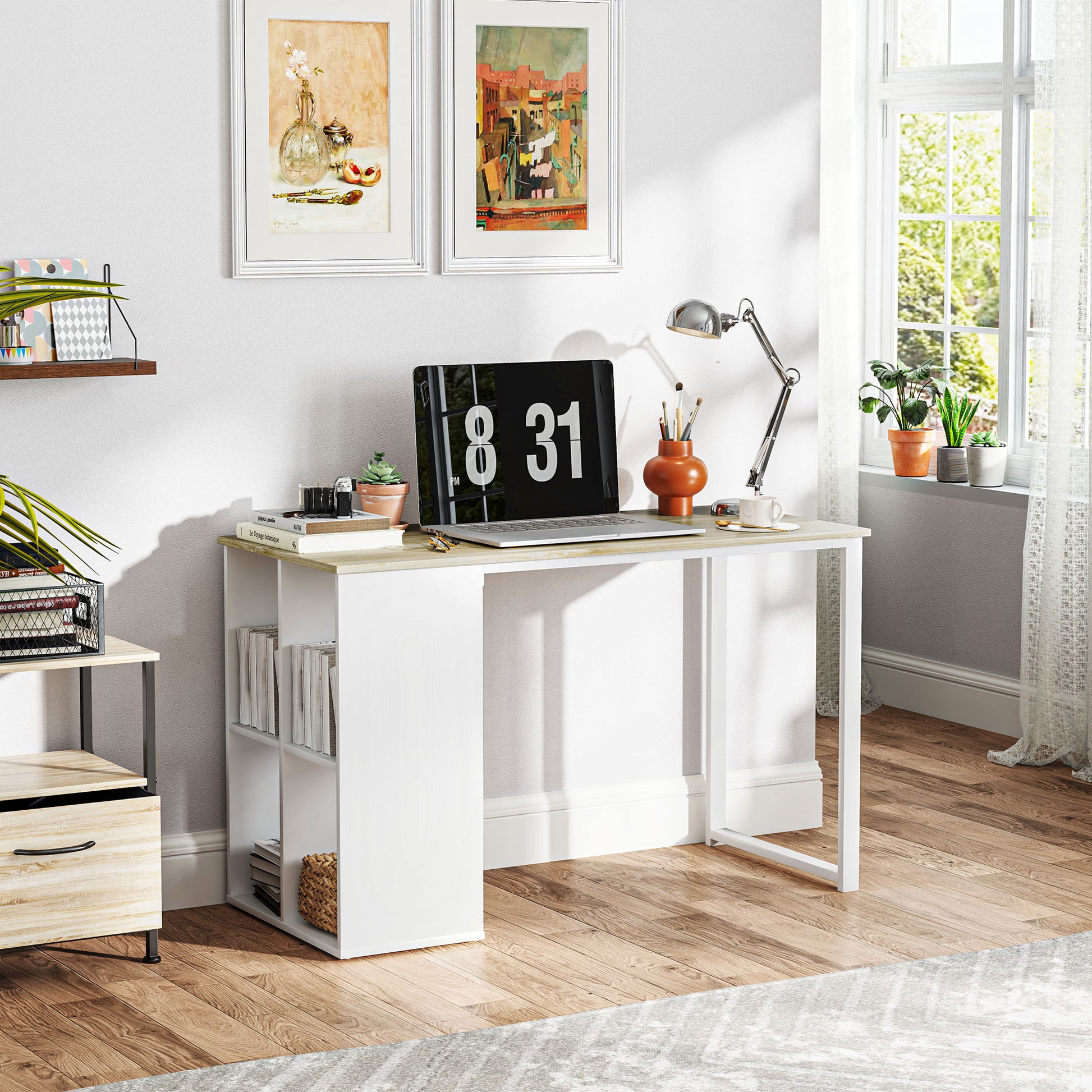 Computer Desk with 4 Open Shelves, 120x54 cm Space-Saving Office Desk, Modern PC Table for Study in Wood, White and Oak