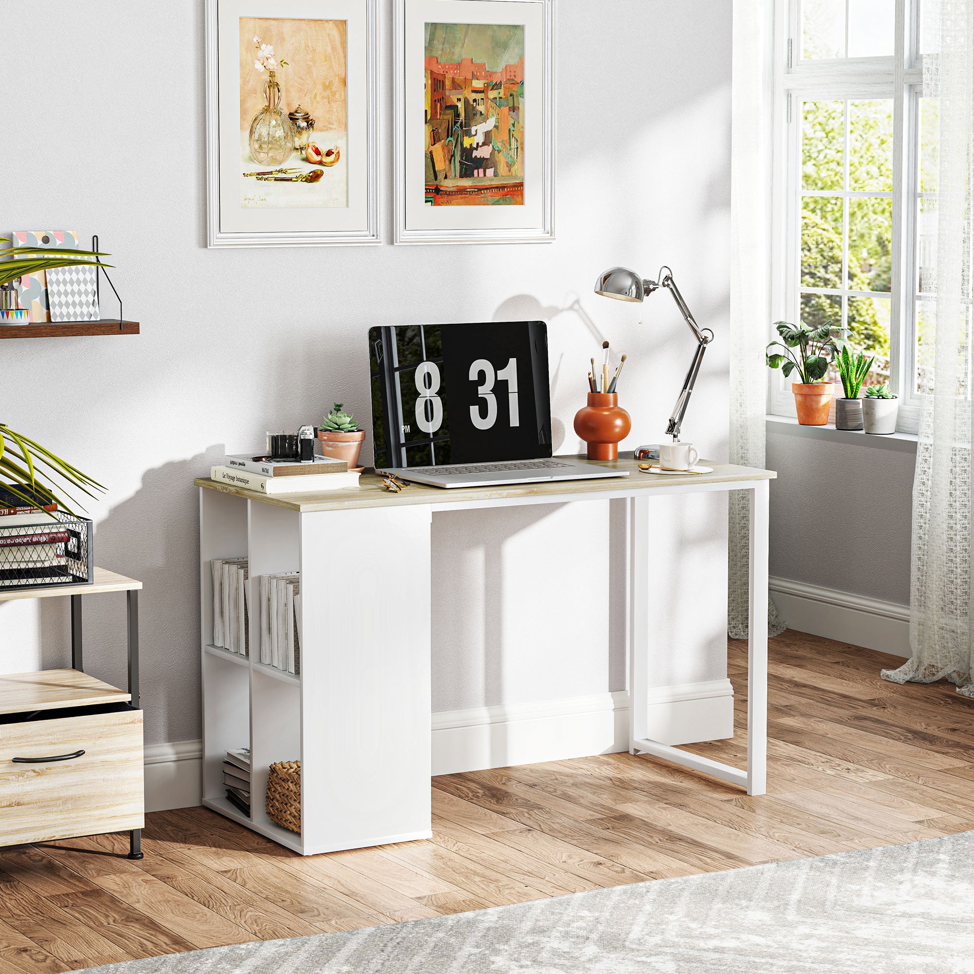 Computer Desk with 4 Open Shelves, 120x54 cm Space-Saving Office Desk, Modern PC Table for Study in Wood, White and Oak
