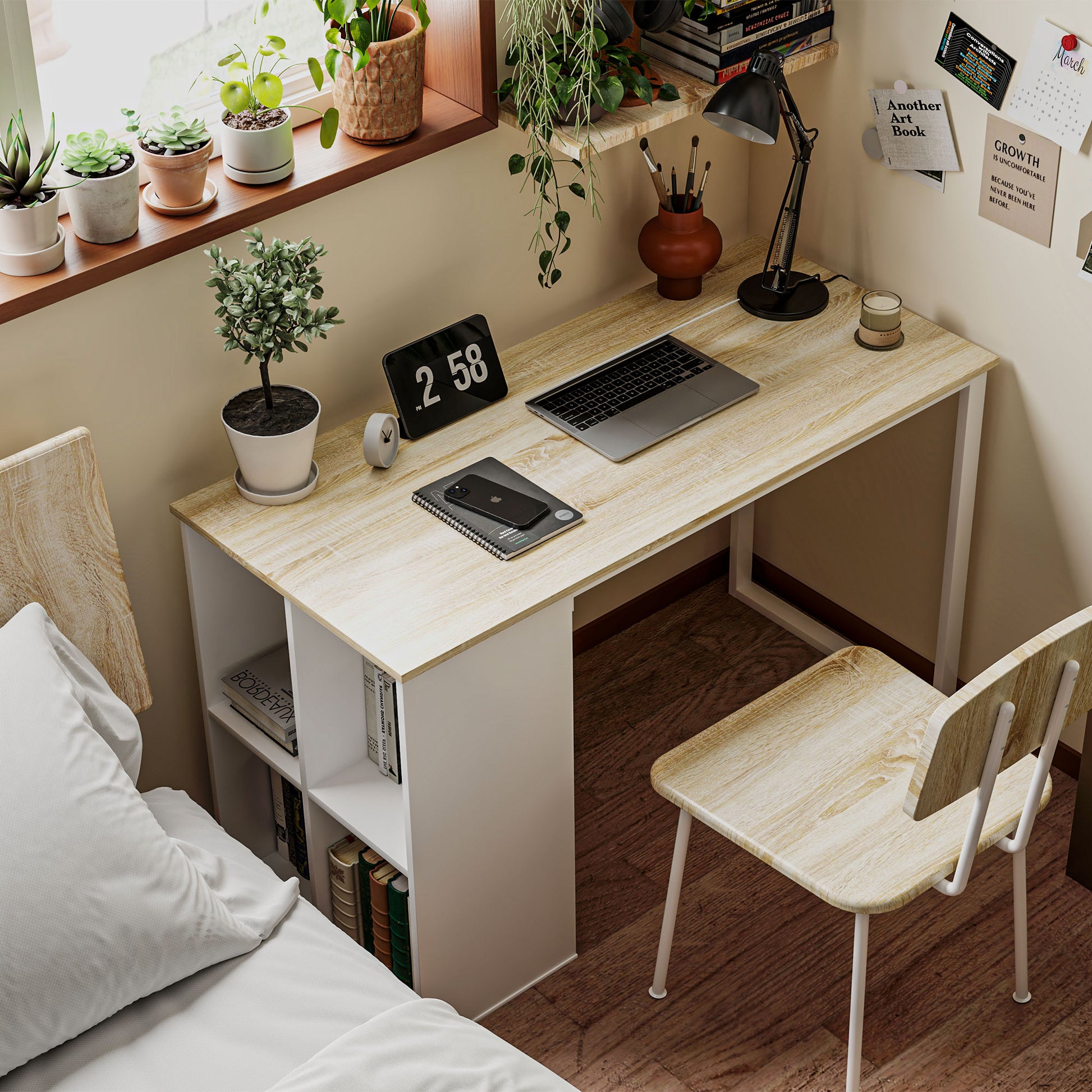 Computer Desk with 4 Open Shelves, 120x54 cm Space-Saving Office Desk, Modern PC Table for Study in Wood, White and Oak
