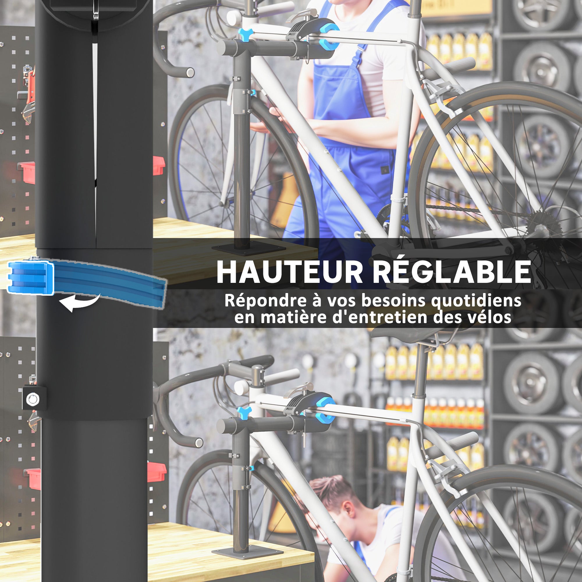 Bike Repair Stand, height-adjustable workshop stand, floor or wall-mounted bike stand, max load 25kg, maintenance repair assembly for MTB, road bike, black