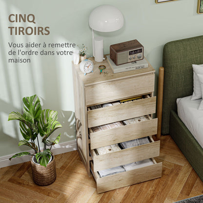 5-Drawer Chest of Drawers Bedroom Storage Unit Modern Style with Soft Close Mechanism - 60 x 38 x 100 cm, Natural Wood