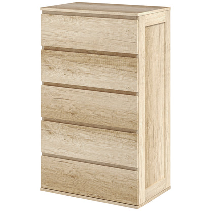 5-Drawer Chest of Drawers Bedroom Storage Unit Modern Style with Soft Close Mechanism - 60 x 38 x 100 cm, Natural Wood