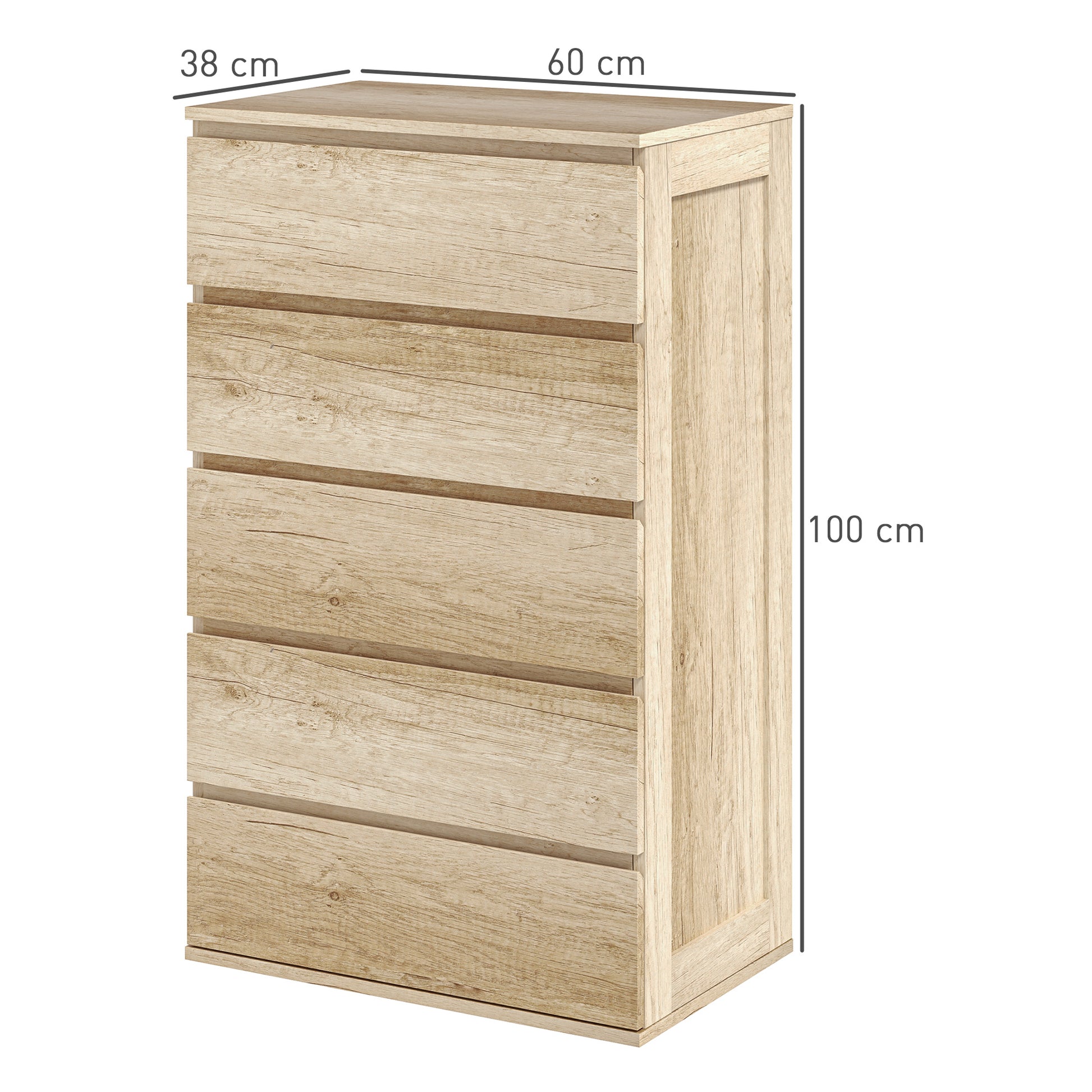 5-Drawer Chest of Drawers Bedroom Storage Unit Modern Style with Soft Close Mechanism - 60 x 38 x 100 cm, Natural Wood