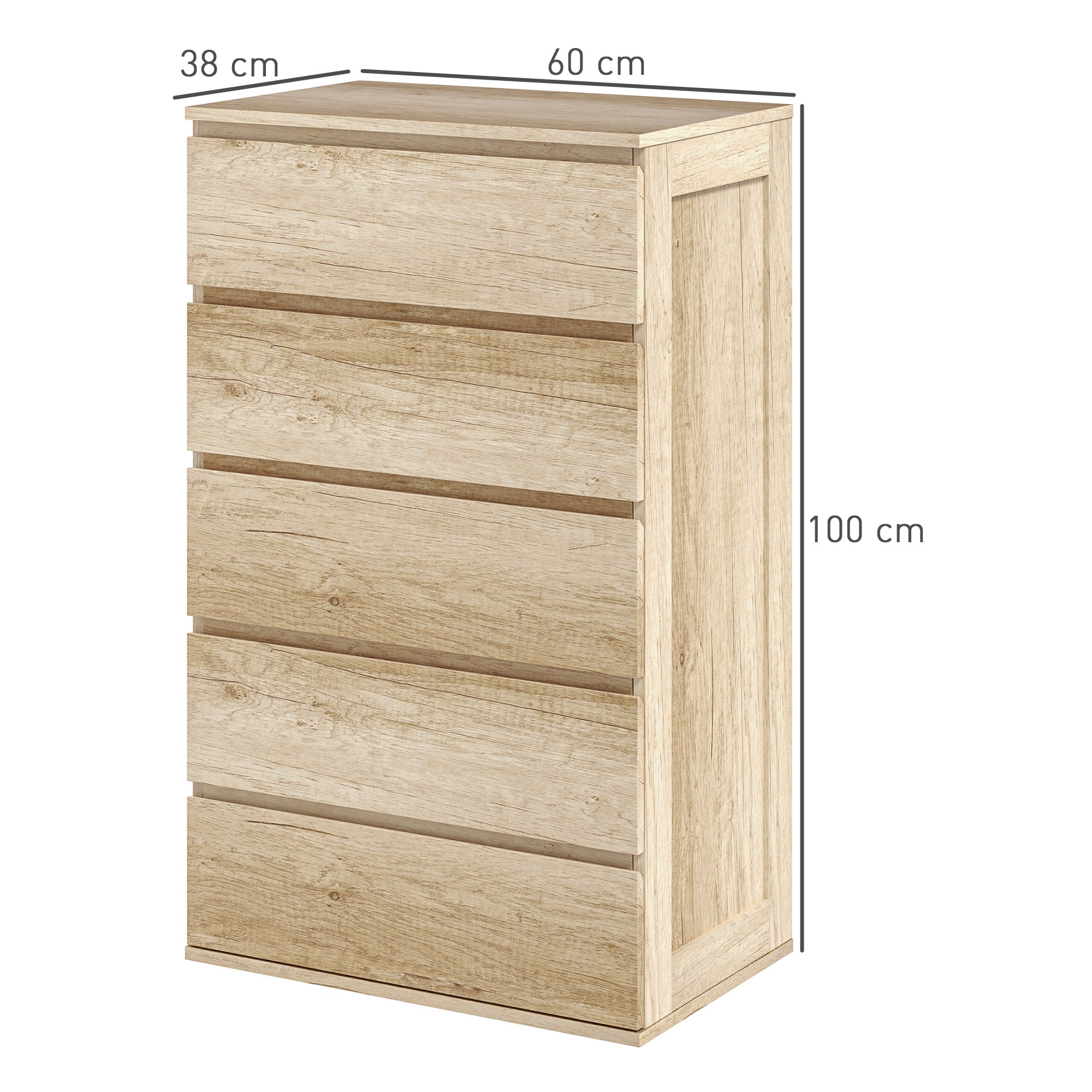 5-Drawer Chest of Drawers Bedroom Storage Unit Modern Style with Soft Close Mechanism - 60 x 38 x 100 cm, Natural Wood