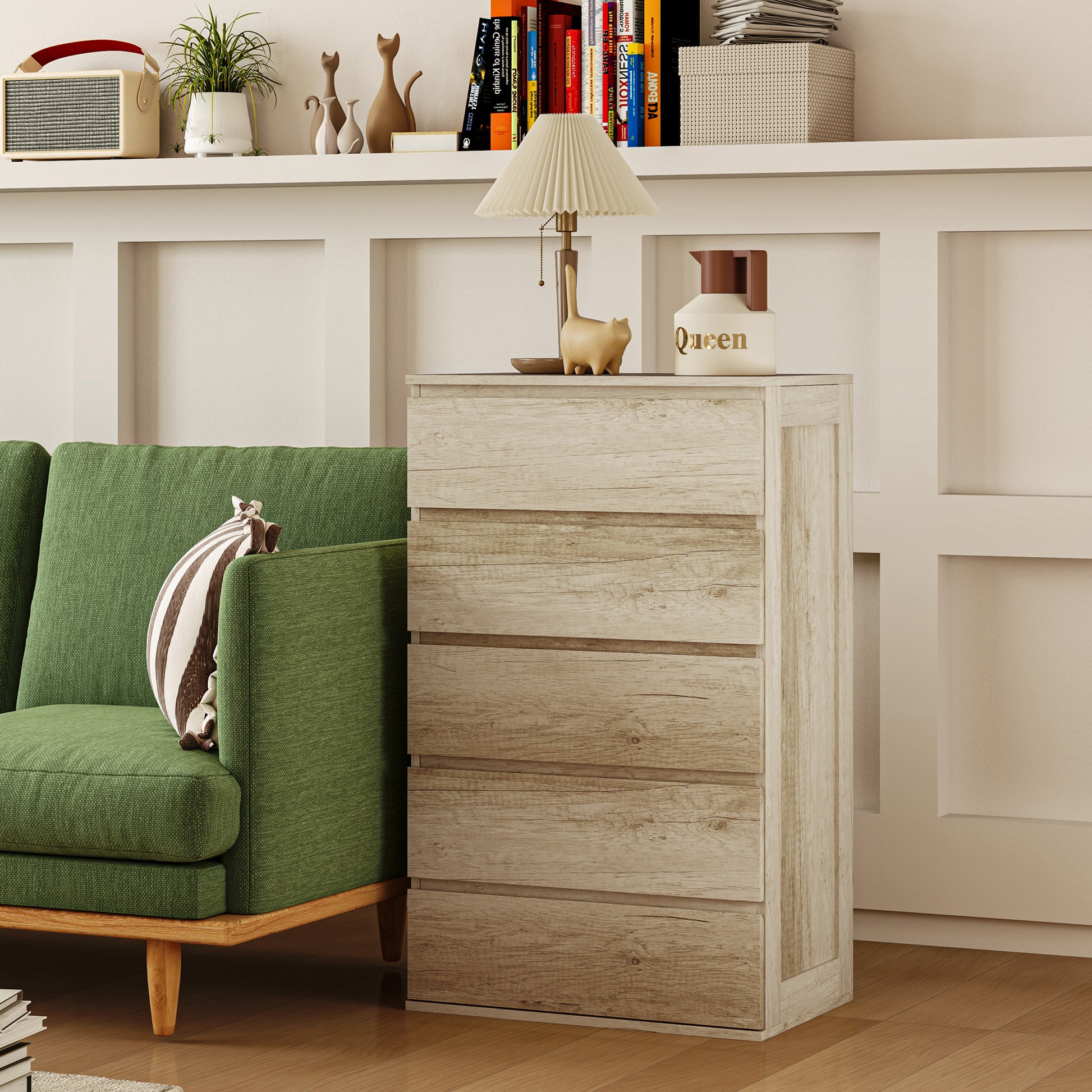 5-Drawer Chest of Drawers Bedroom Storage Unit Modern Style with Soft Close Mechanism - 60 x 38 x 100 cm, Natural Wood