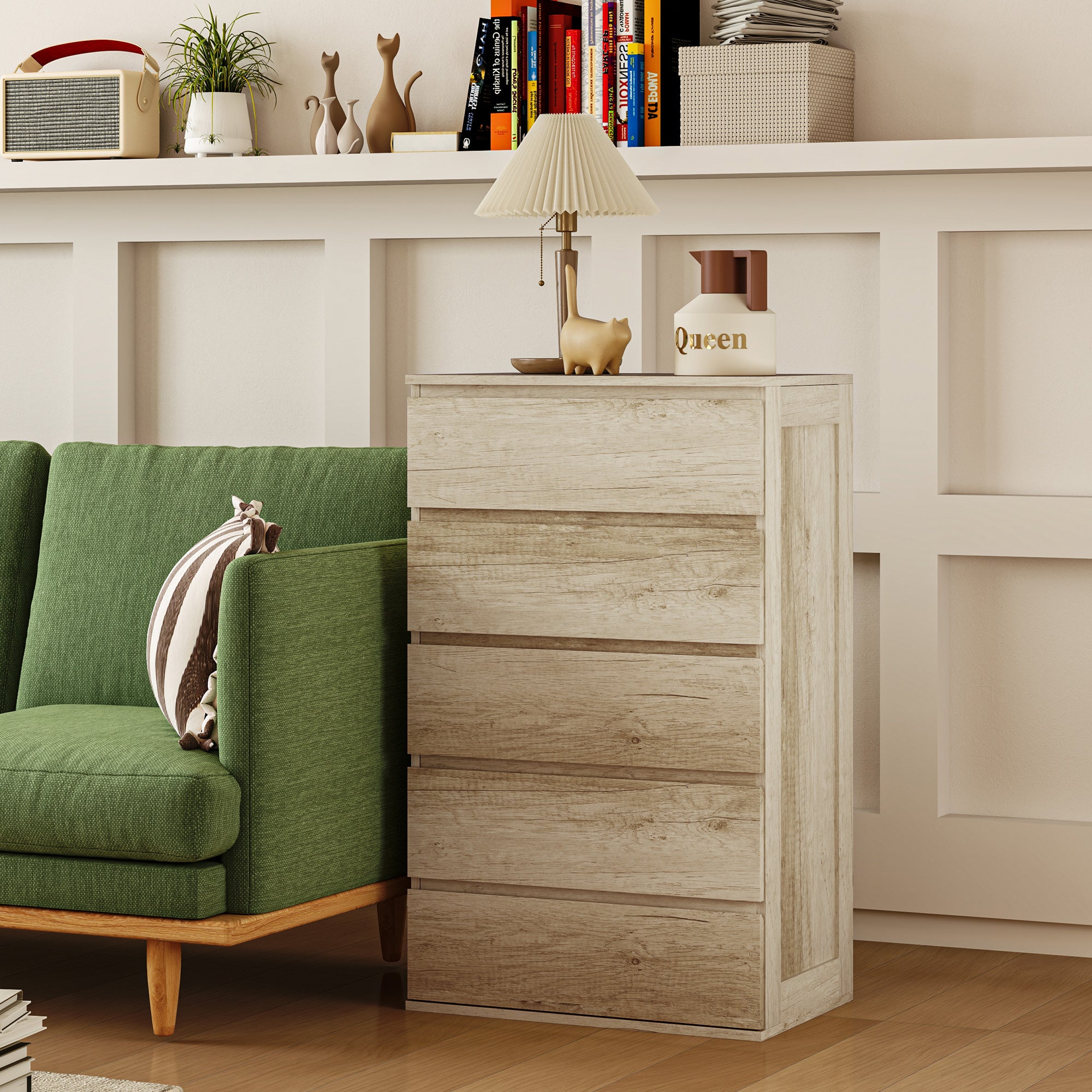 5-Drawer Chest of Drawers Bedroom Storage Unit Modern Style with Soft Close Mechanism - 60 x 38 x 100 cm, Natural Wood