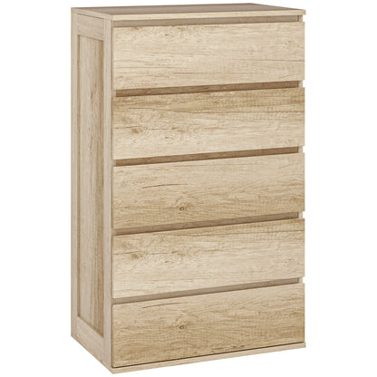 5-Drawer Chest of Drawers Bedroom Storage Unit Modern Style with Soft Close Mechanism - 60 x 38 x 100 cm, Natural Wood