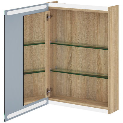 Wall Cabinet, Bathroom Furniture with Mirror, Hanging Cabinet with LED Lighting and Adjustable Glass Shelves, 50 x 12.5 x 70 cm, Natural Wood Finish