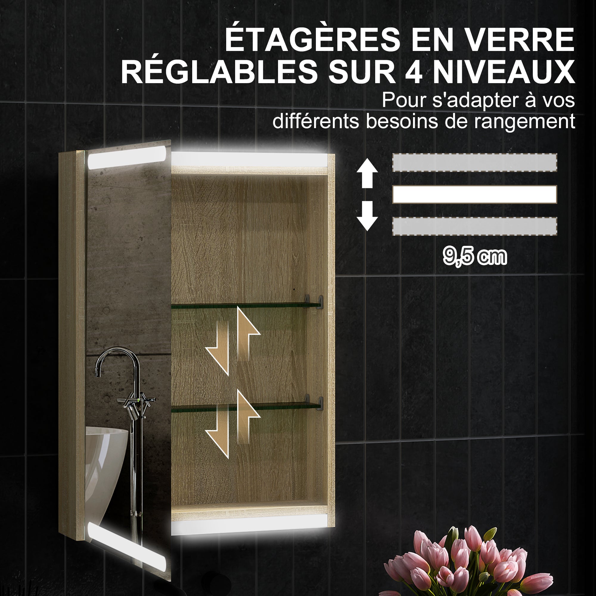 Wall Cabinet, Bathroom Furniture with Mirror, Hanging Cabinet with LED Lighting and Adjustable Glass Shelves, 50 x 12.5 x 70 cm, Natural Wood Finish