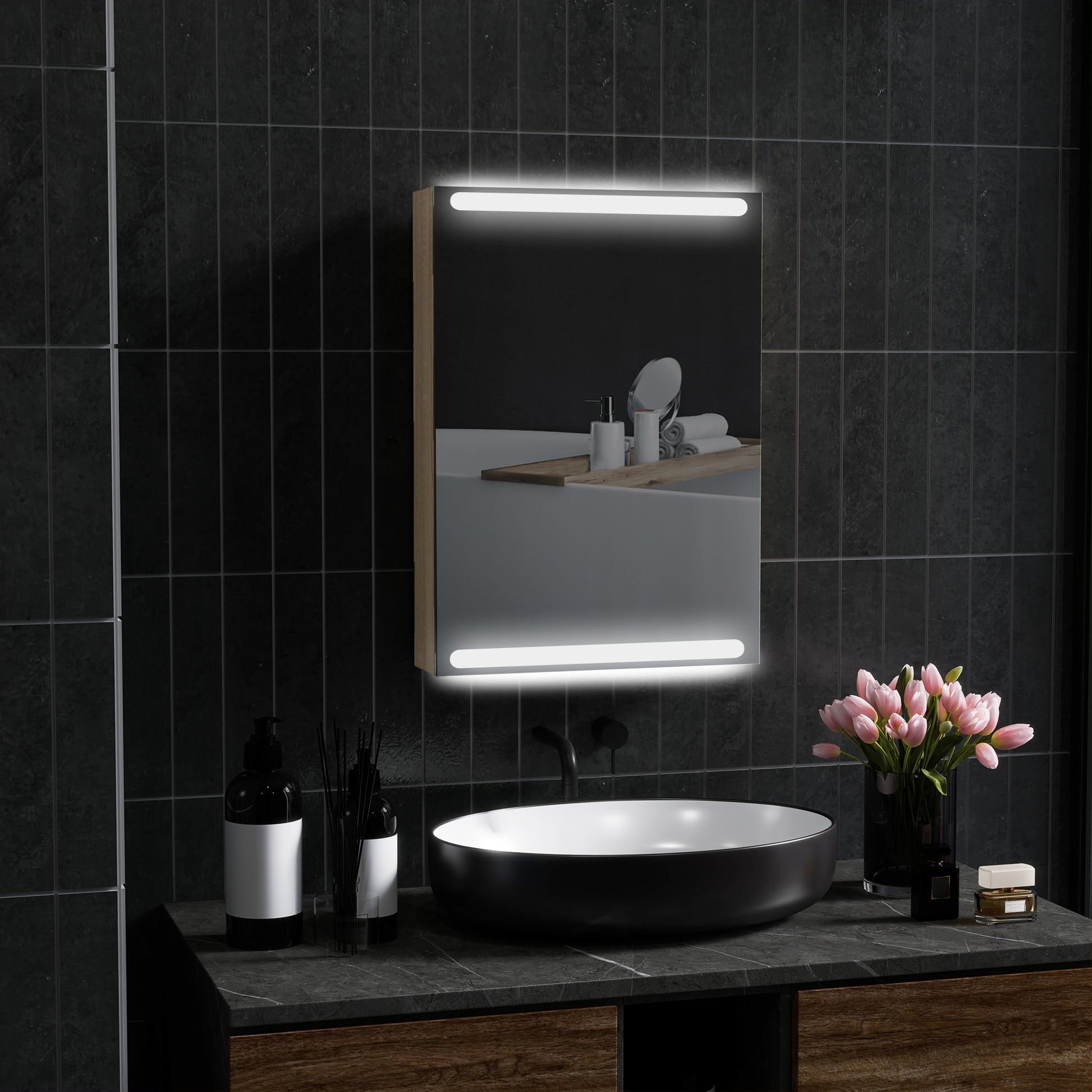 Wall Cabinet, Bathroom Furniture with Mirror, Hanging Cabinet with LED Lighting and Adjustable Glass Shelves, 50 x 12.5 x 70 cm, Natural Wood Finish