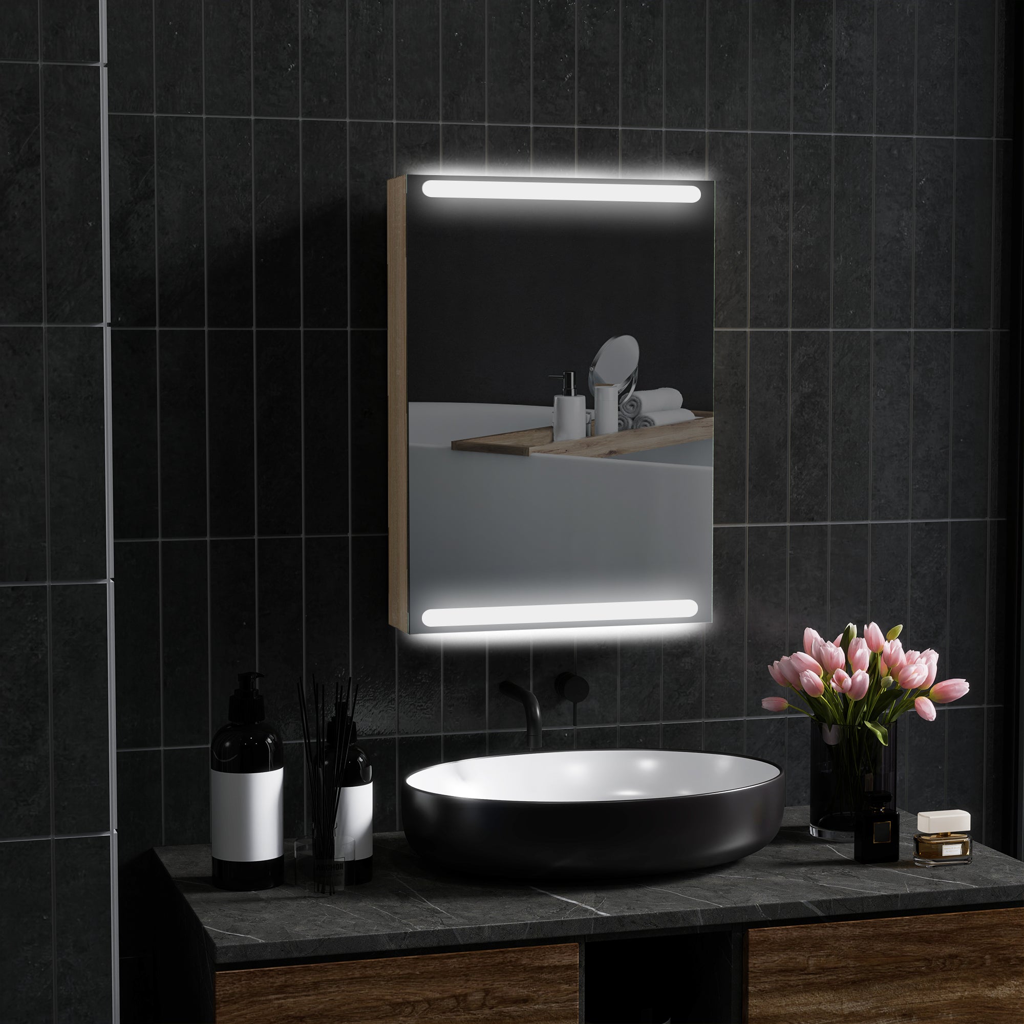 Wall Cabinet, Bathroom Furniture with Mirror, Hanging Cabinet with LED Lighting and Adjustable Glass Shelves, 50 x 12.5 x 70 cm, Natural Wood Finish