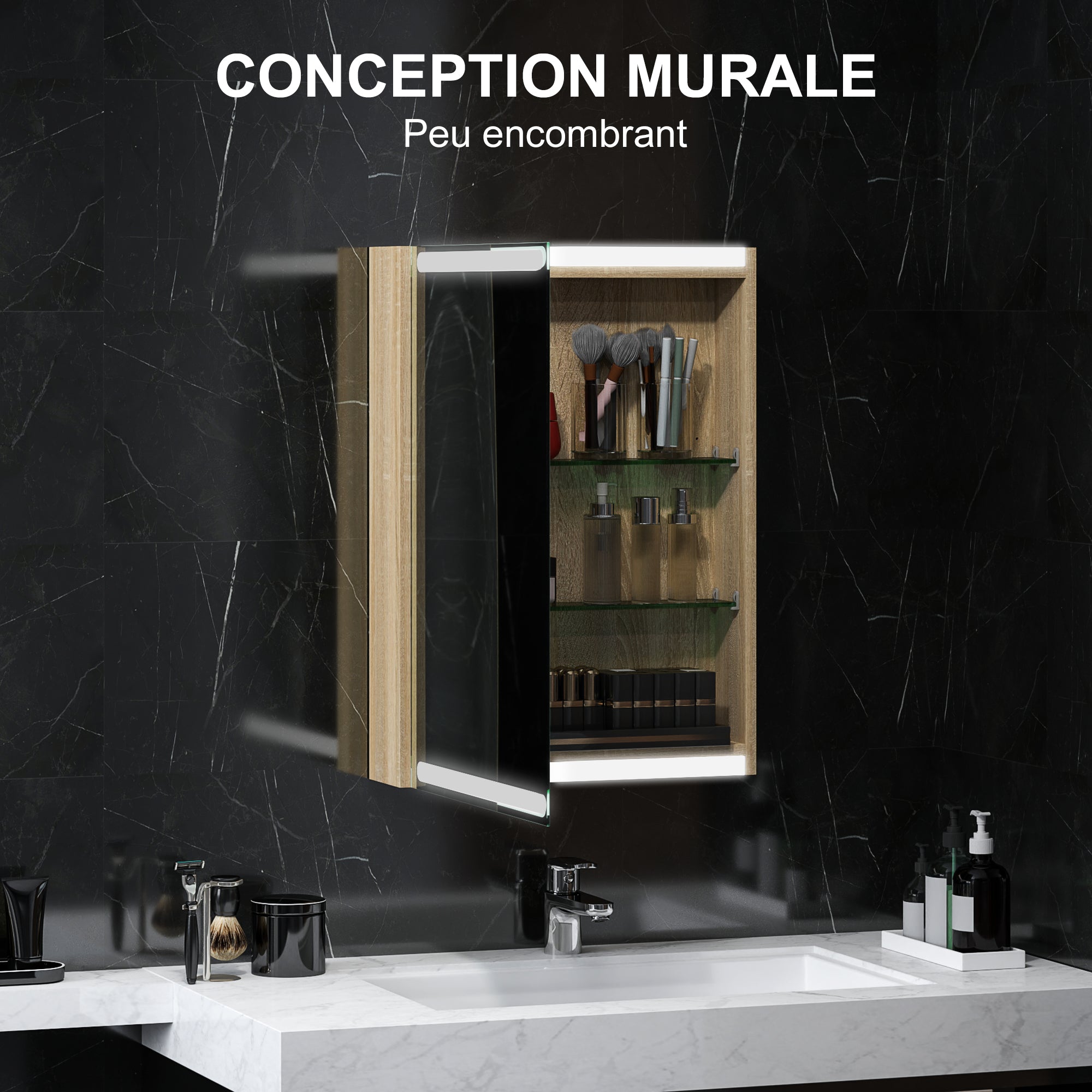 Wall Cabinet, Bathroom Furniture with Mirror, Hanging Cabinet with LED Lighting and Adjustable Glass Shelves, 50 x 12.5 x 70 cm, Natural Wood Finish