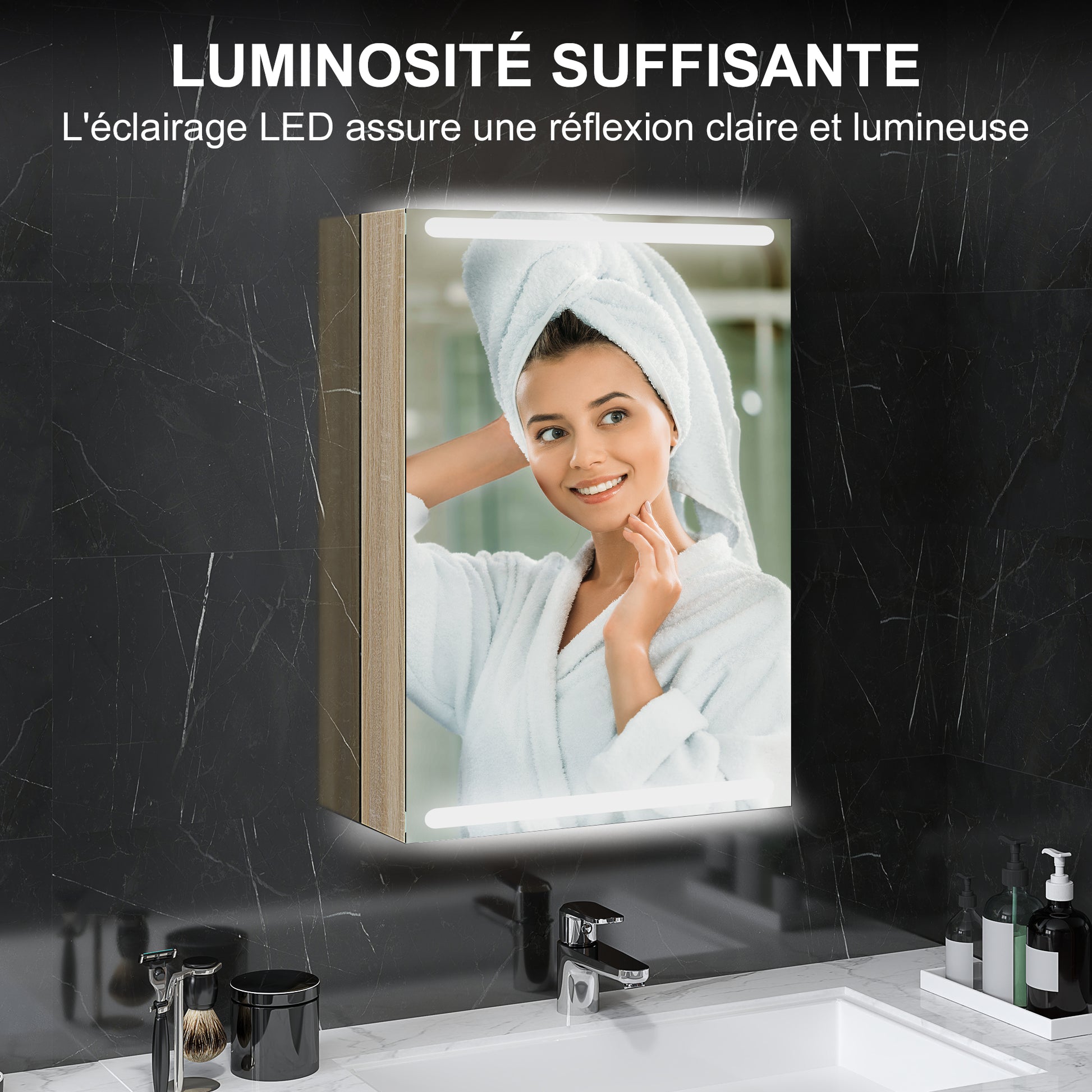 Wall Cabinet, Bathroom Furniture with Mirror, Hanging Cabinet with LED Lighting and Adjustable Glass Shelves, 50 x 12.5 x 70 cm, Natural Wood Finish