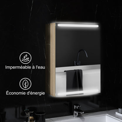 Wall Cabinet, Bathroom Furniture with Mirror, Hanging Cabinet with LED Lighting and Adjustable Glass Shelves, 50 x 12.5 x 70 cm, Natural Wood Finish