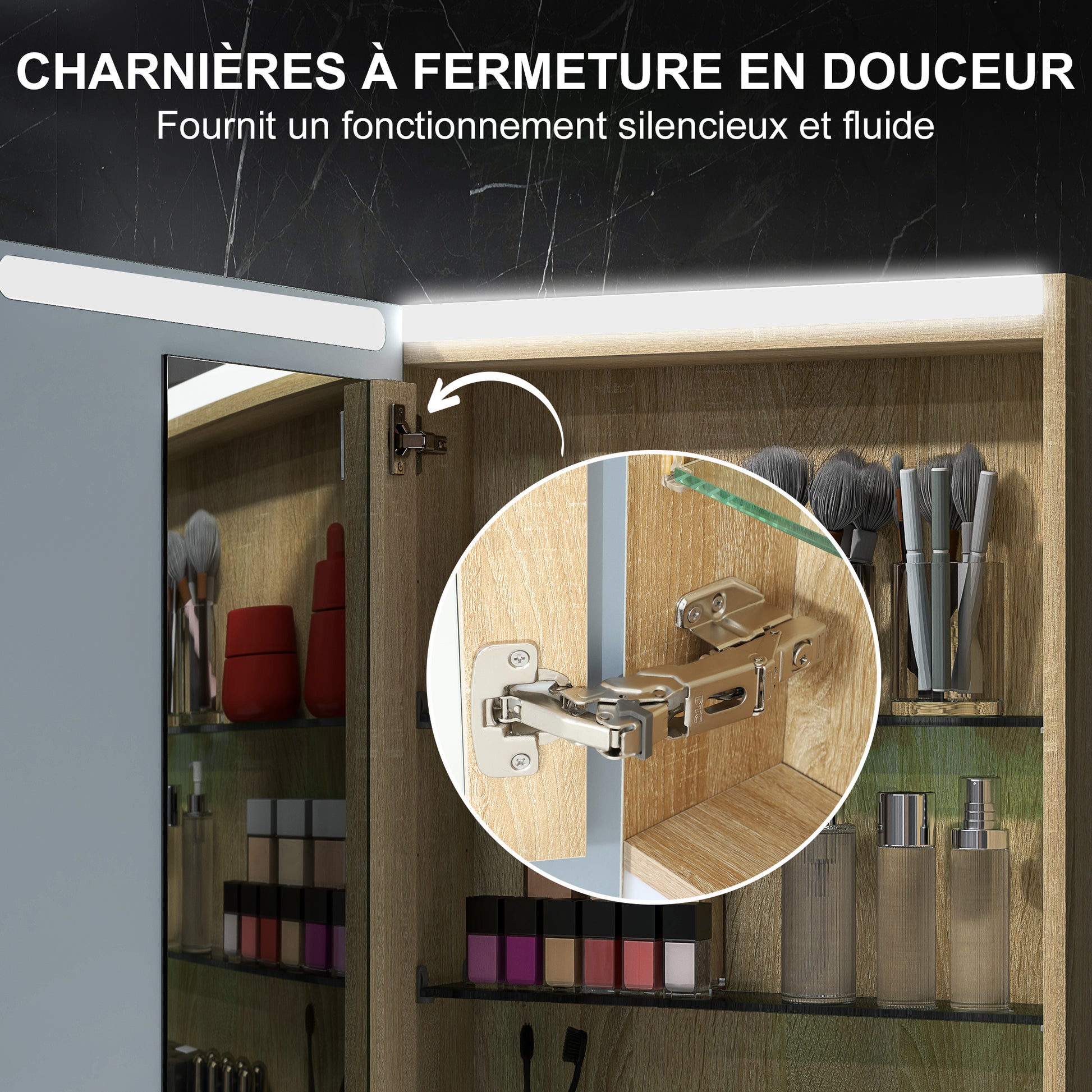 Wall Cabinet, Bathroom Furniture with Mirror, Hanging Cabinet with LED Lighting and Adjustable Glass Shelves, 50 x 12.5 x 70 cm, Natural Wood Finish