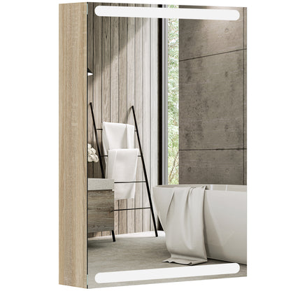 Wall Cabinet, Bathroom Furniture with Mirror, Hanging Cabinet with LED Lighting and Adjustable Glass Shelves, 50 x 12.5 x 70 cm, Natural Wood Finish