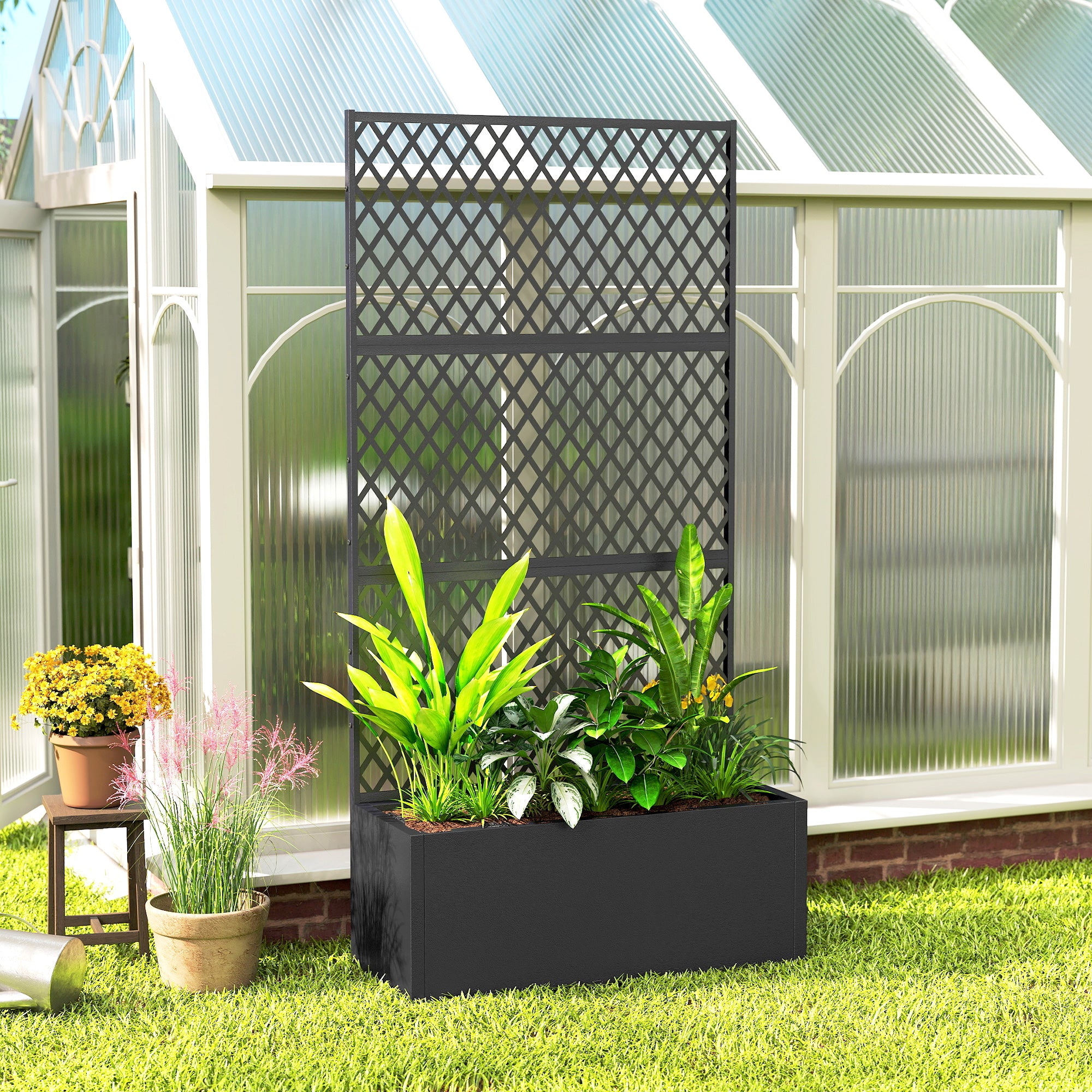 Metal Planter Box with Trellis, 35.4 x 14.8 x 70.9 in — Black