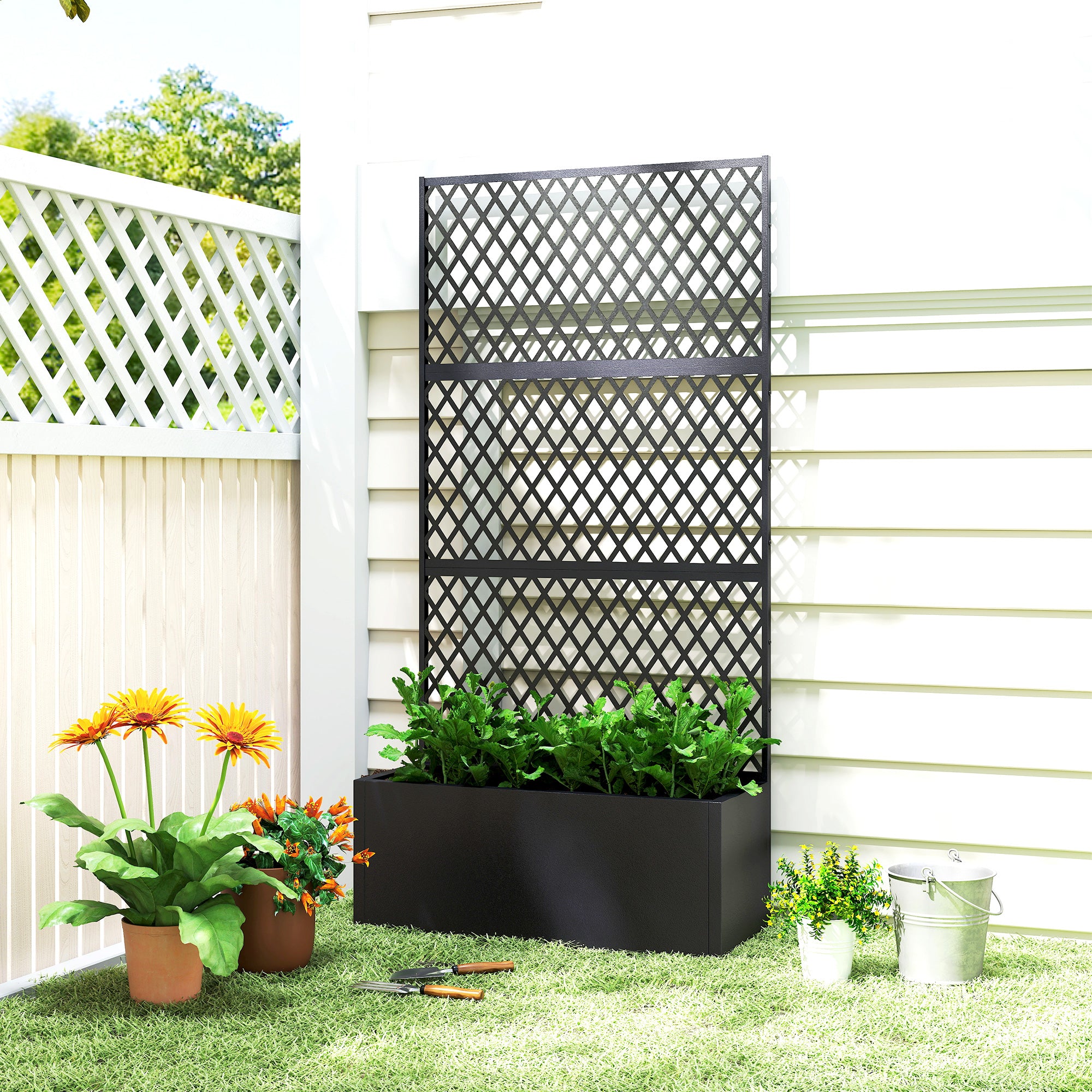 Metal Planter Box with Trellis, 35.4 x 14.8 x 70.9 in — Black