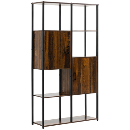 Modern Industrial Style Bookcase with 4 Shelves and 2 Cabinets, Metal and Wood Shelf for Home and Office, 90x30x159.5cm, Black and Rustic Brown