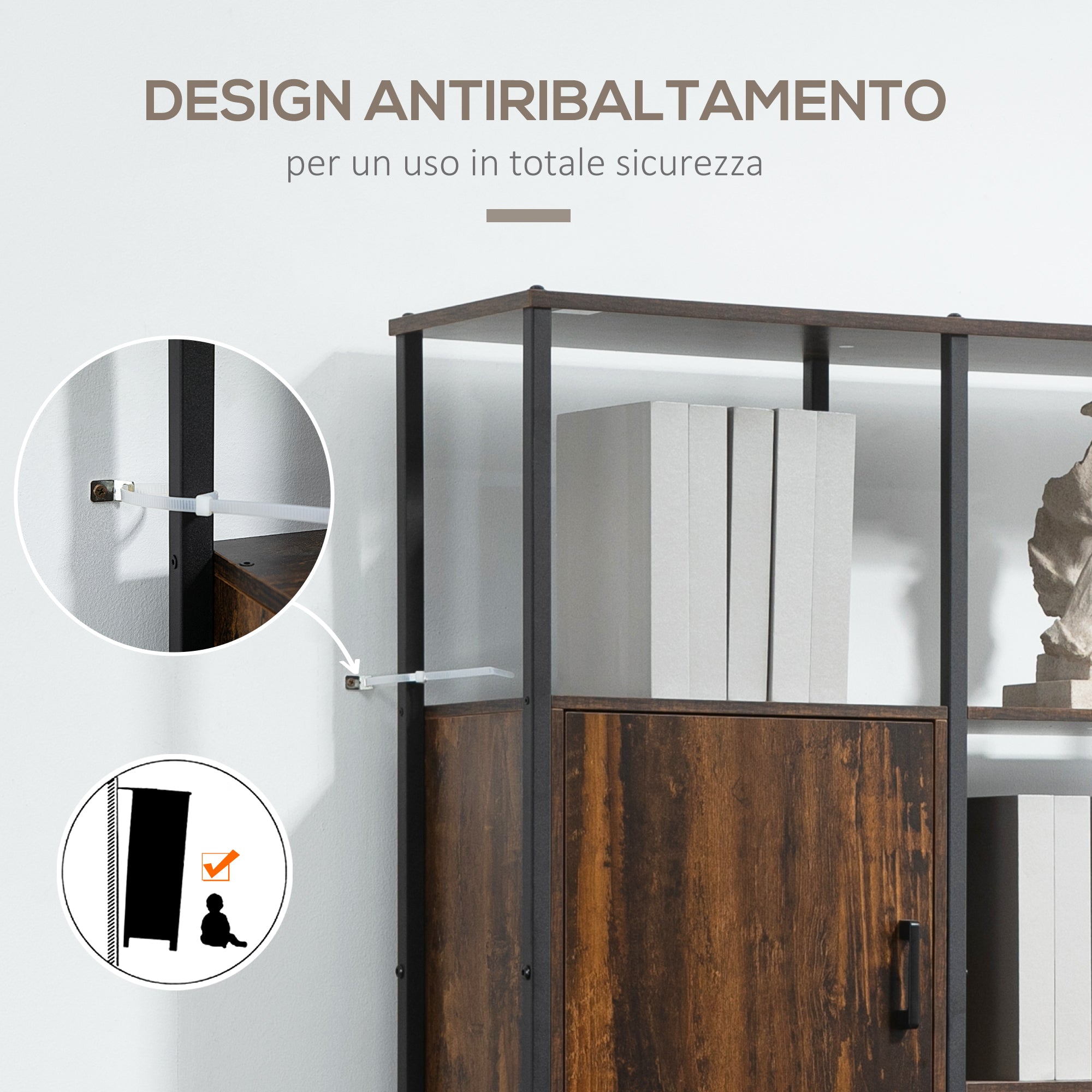 Modern Industrial Style Bookcase with 4 Shelves and 2 Cabinets, Metal and Wood Shelf for Home and Office, 90x30x159.5cm, Black and Rustic Brown