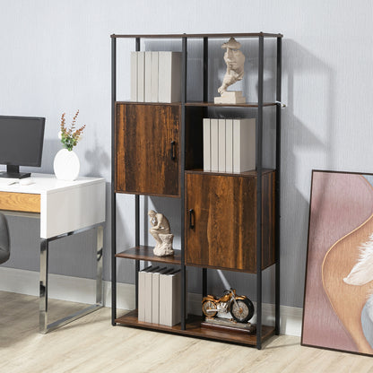 Modern Industrial Style Bookcase with 4 Shelves and 2 Cabinets, Metal and Wood Shelf for Home and Office, 90x30x159.5cm, Black and Rustic Brown
