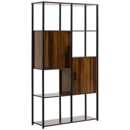 Modern Industrial Style Bookcase with 4 Shelves and 2 Cabinets, Metal and Wood Shelf for Home and Office, 90x30x159.5cm, Black and Rustic Brown