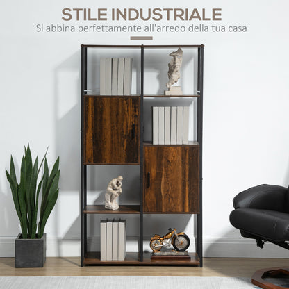Modern Industrial Style Bookcase with 4 Shelves and 2 Cabinets, Metal and Wood Shelf for Home and Office, 90x30x159.5cm, Black and Rustic Brown
