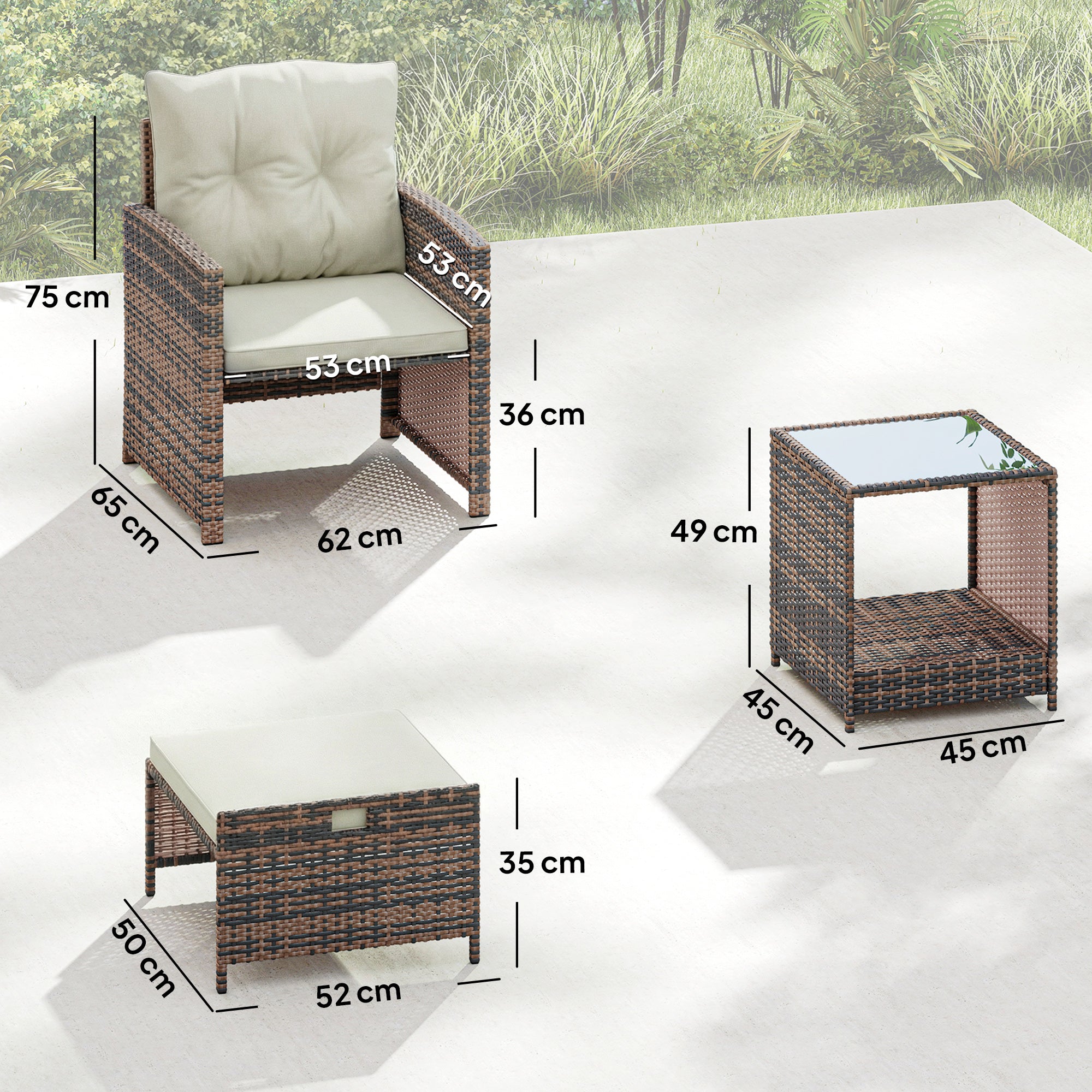 5-Piece Rattan Patio Set — 2 Space-Saving Footstools, 2 Armchairs, 2-Tier Coffee Table with Cushions — Brown/Cream