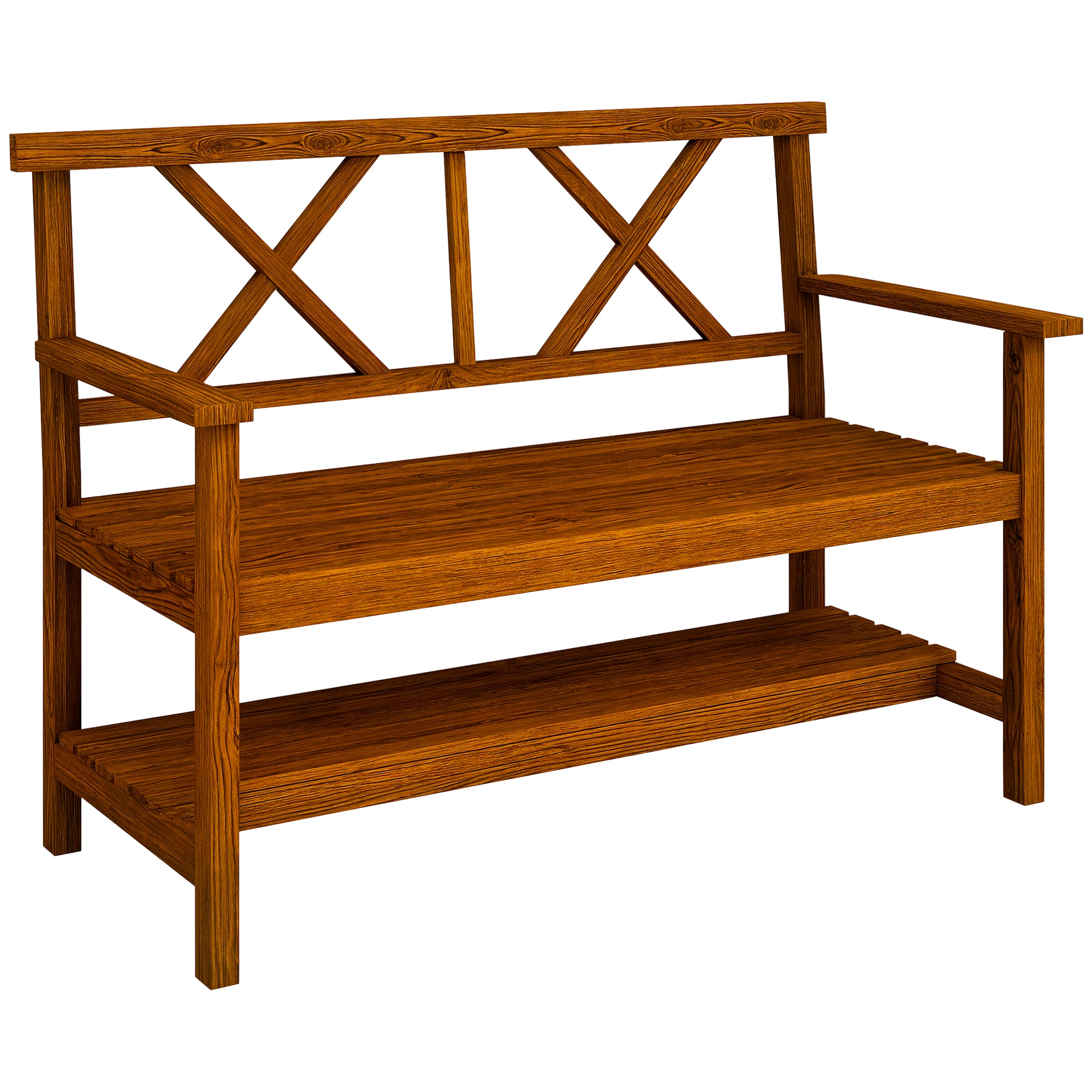 2-Seater Wooden Garden Bench with Shelf, Outdoor Bench with Armrests and Slat Seat, 125x58x88cm, Wood