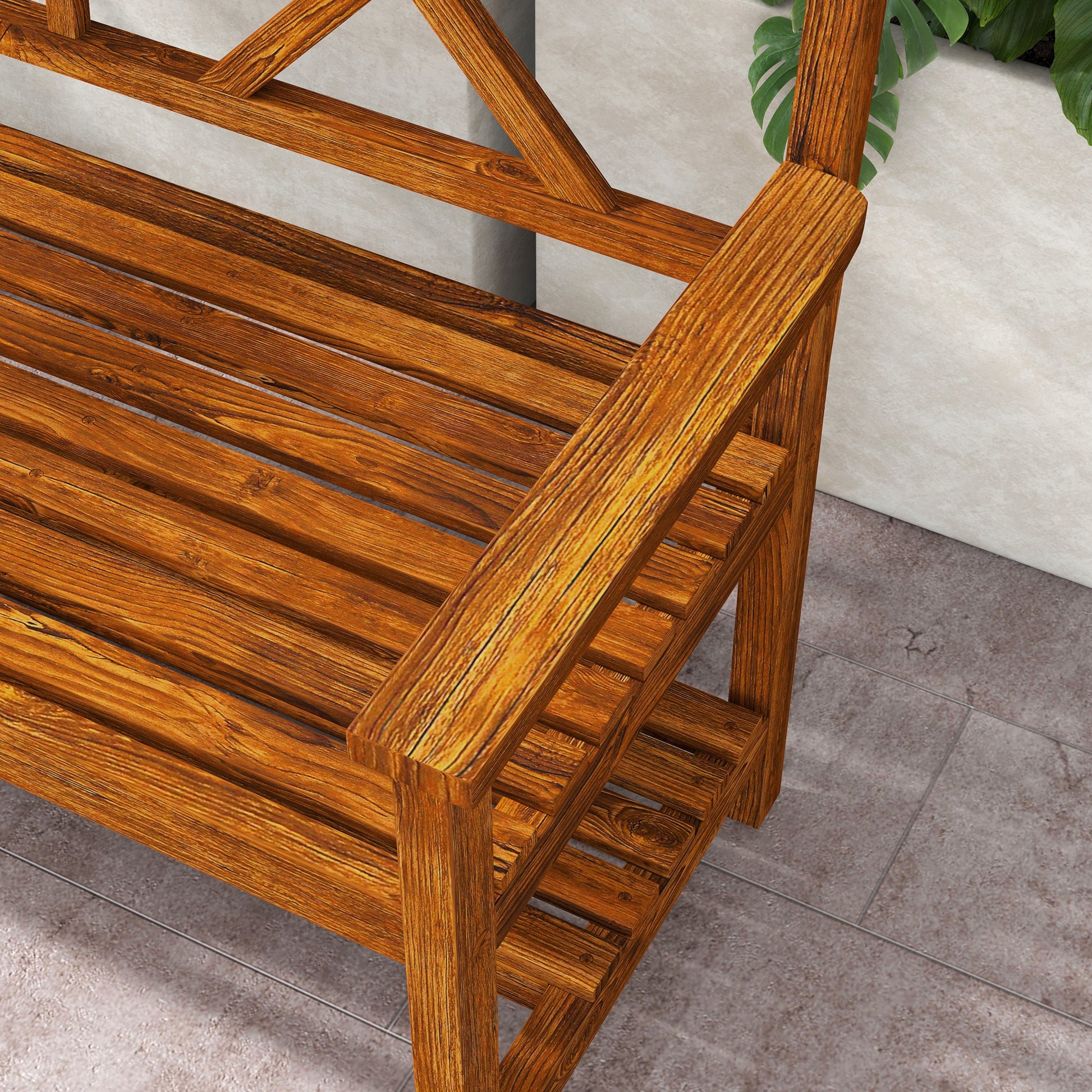 2-Seater Wooden Garden Bench with Shelf, Outdoor Bench with Armrests and Slat Seat, 125x58x88cm, Wood